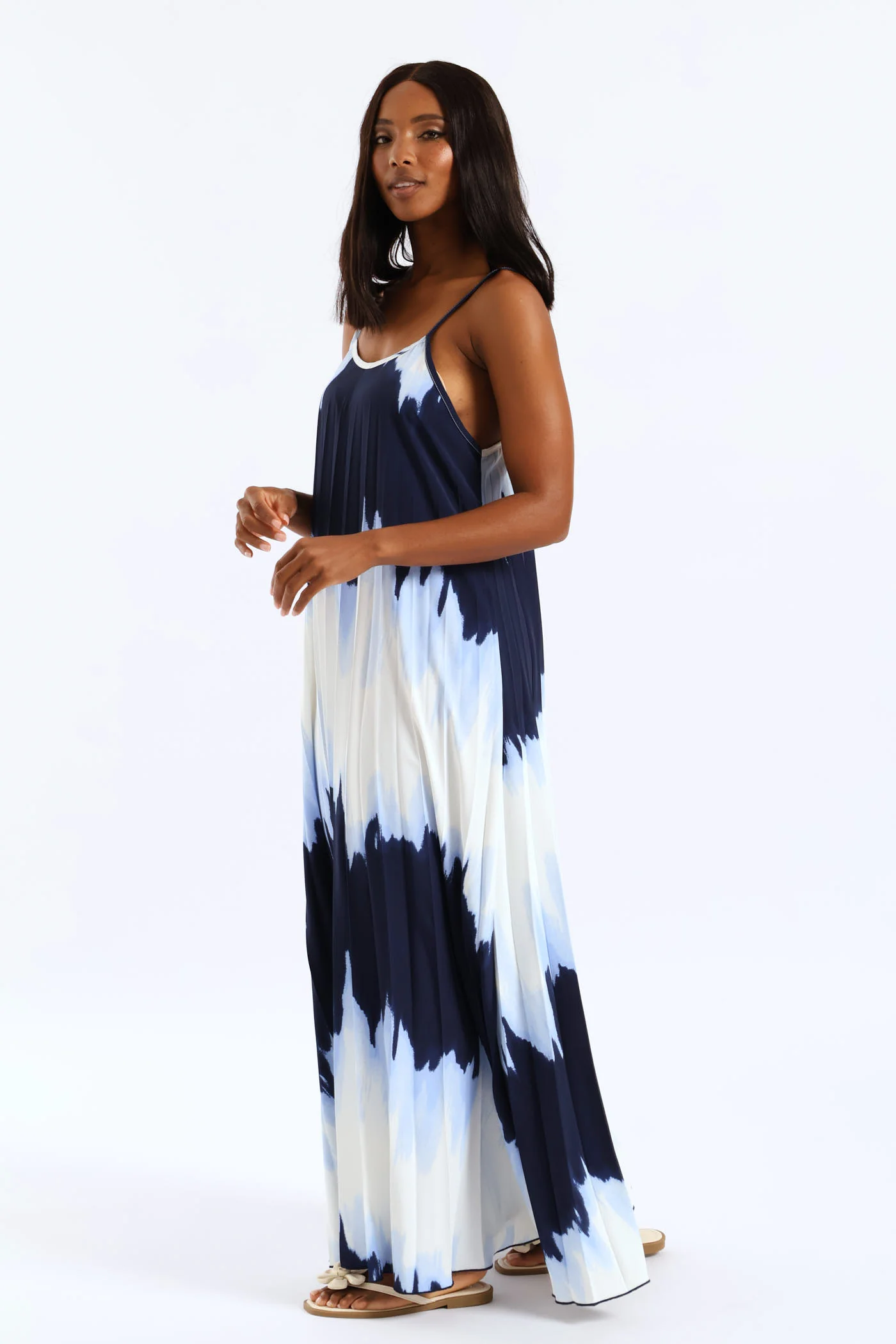 Strappy Pleated Tie-Dye Maxi Dress - Blue - Image 2