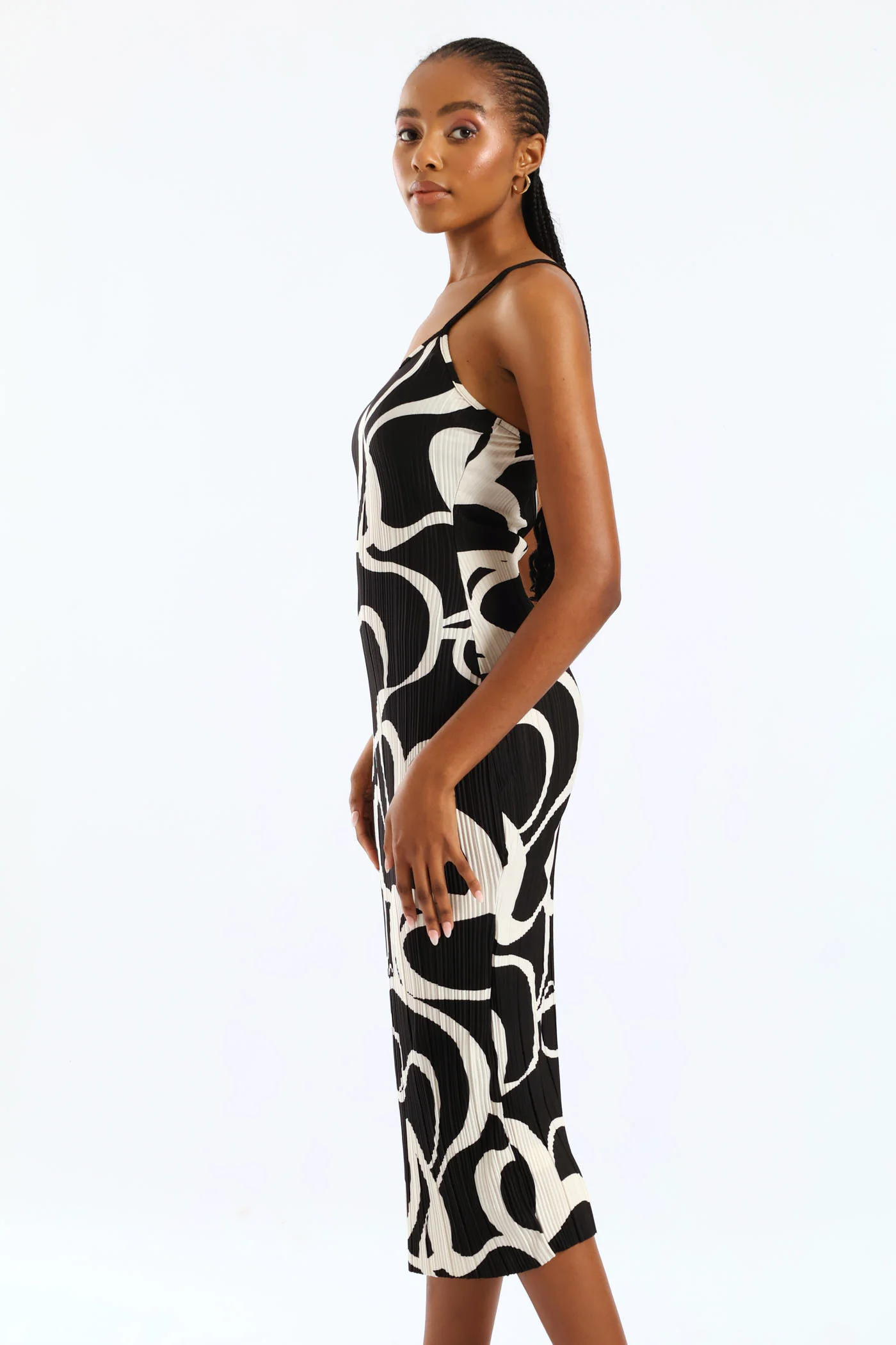 Strappy Plisse Midi Slip Dress - Black/Cream - Image 2