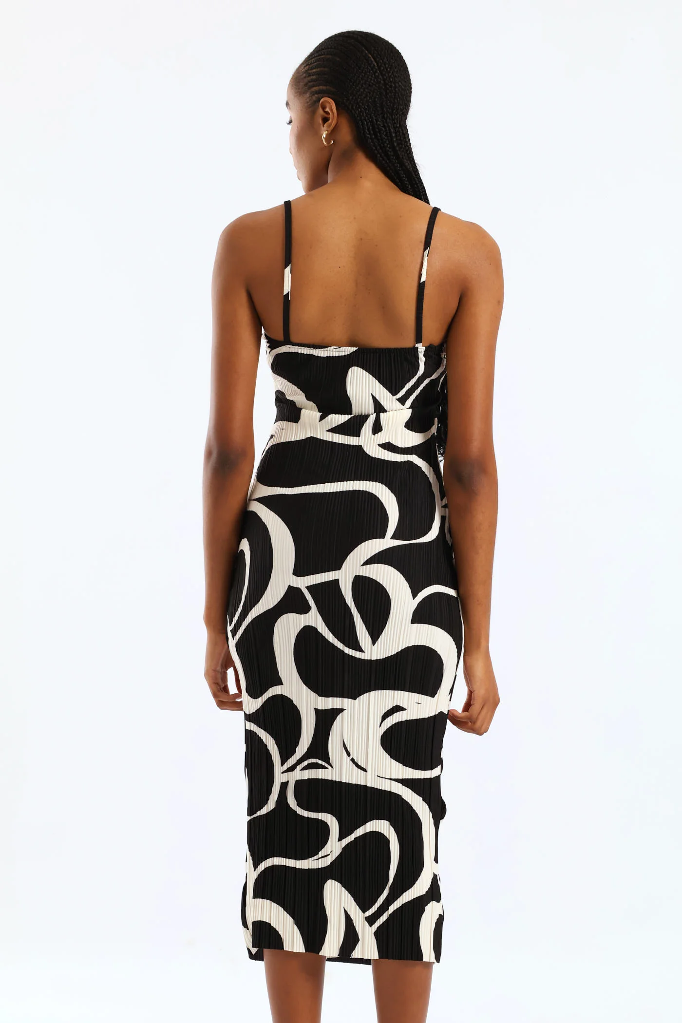 Strappy Plisse Midi Slip Dress - Black/Cream - Image 3