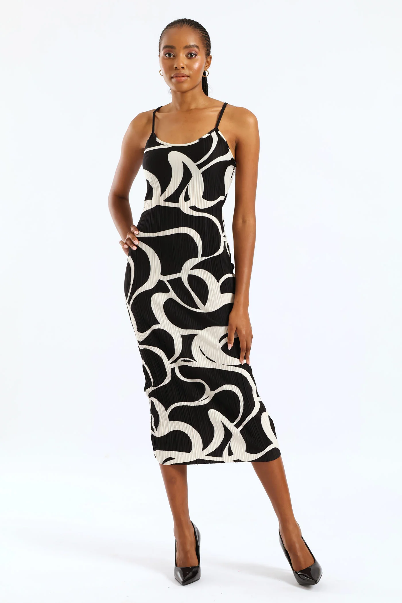 Strappy Plisse Midi Slip Dress - Black/Cream - Image 4