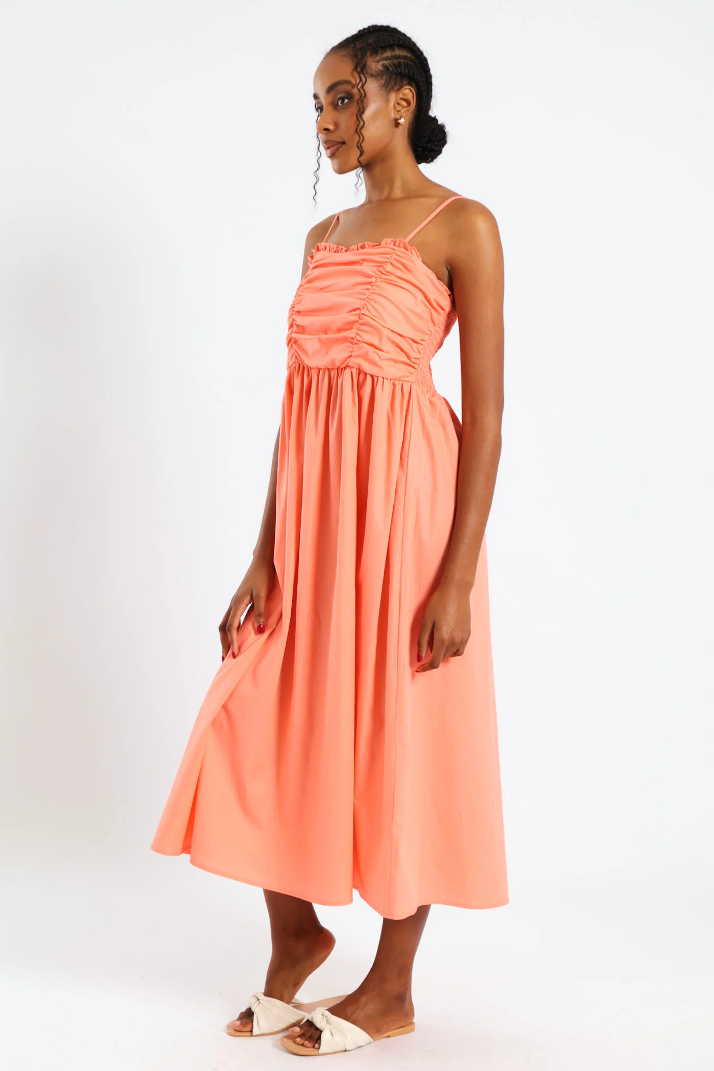 Strappy Ruched Bodice Midi Sundress - Light Coral - Image 2