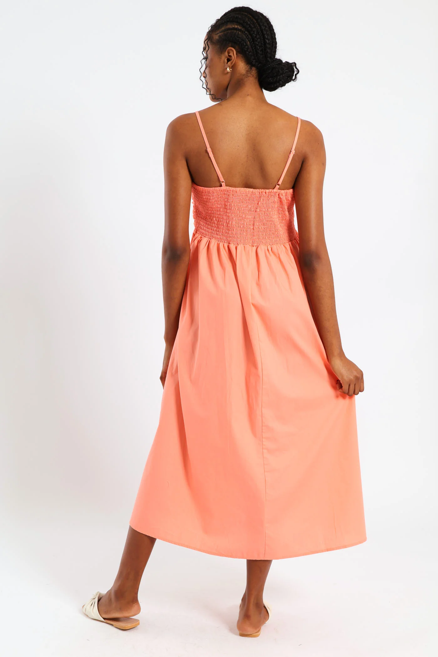 Strappy Ruched Bodice Midi Sundress - Light Coral - Image 3