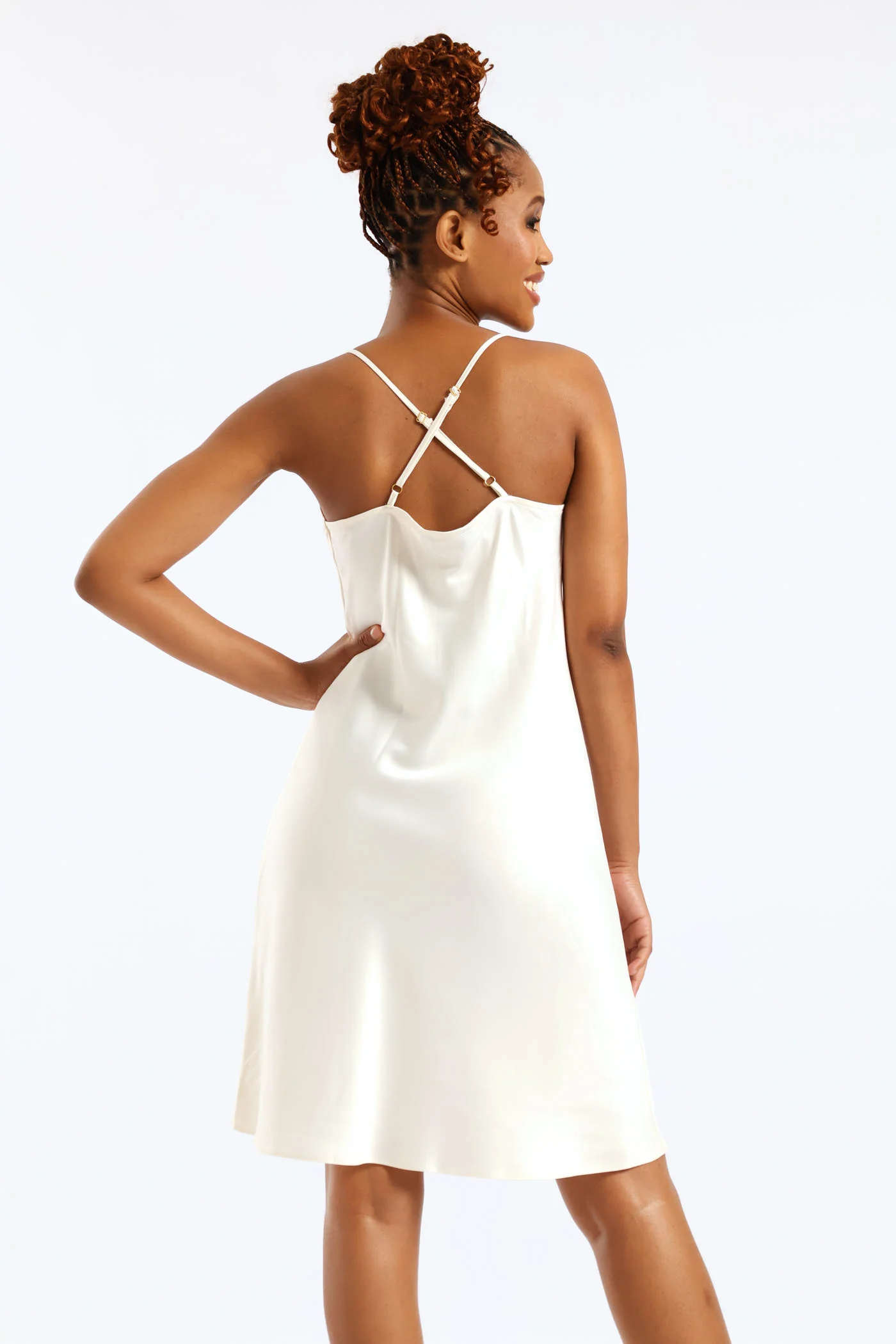 Strappy Satin Mini Slip Dress - Cream - Image 5