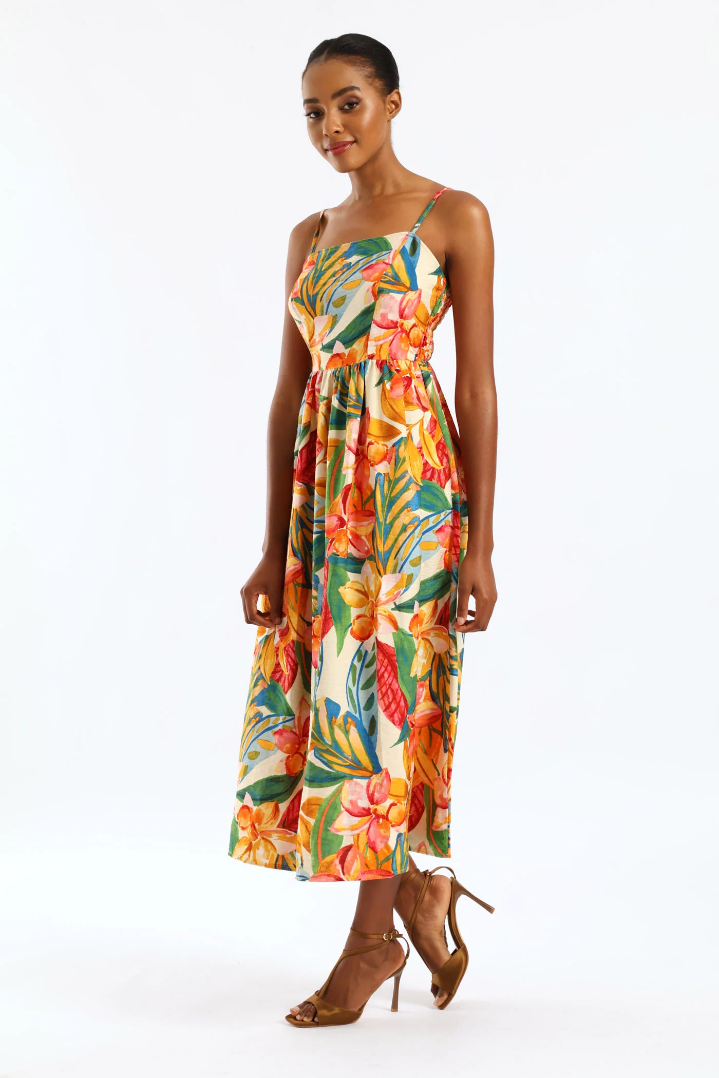 Strappy Shirred-Back Midi Sundress - Multi - Image 3
