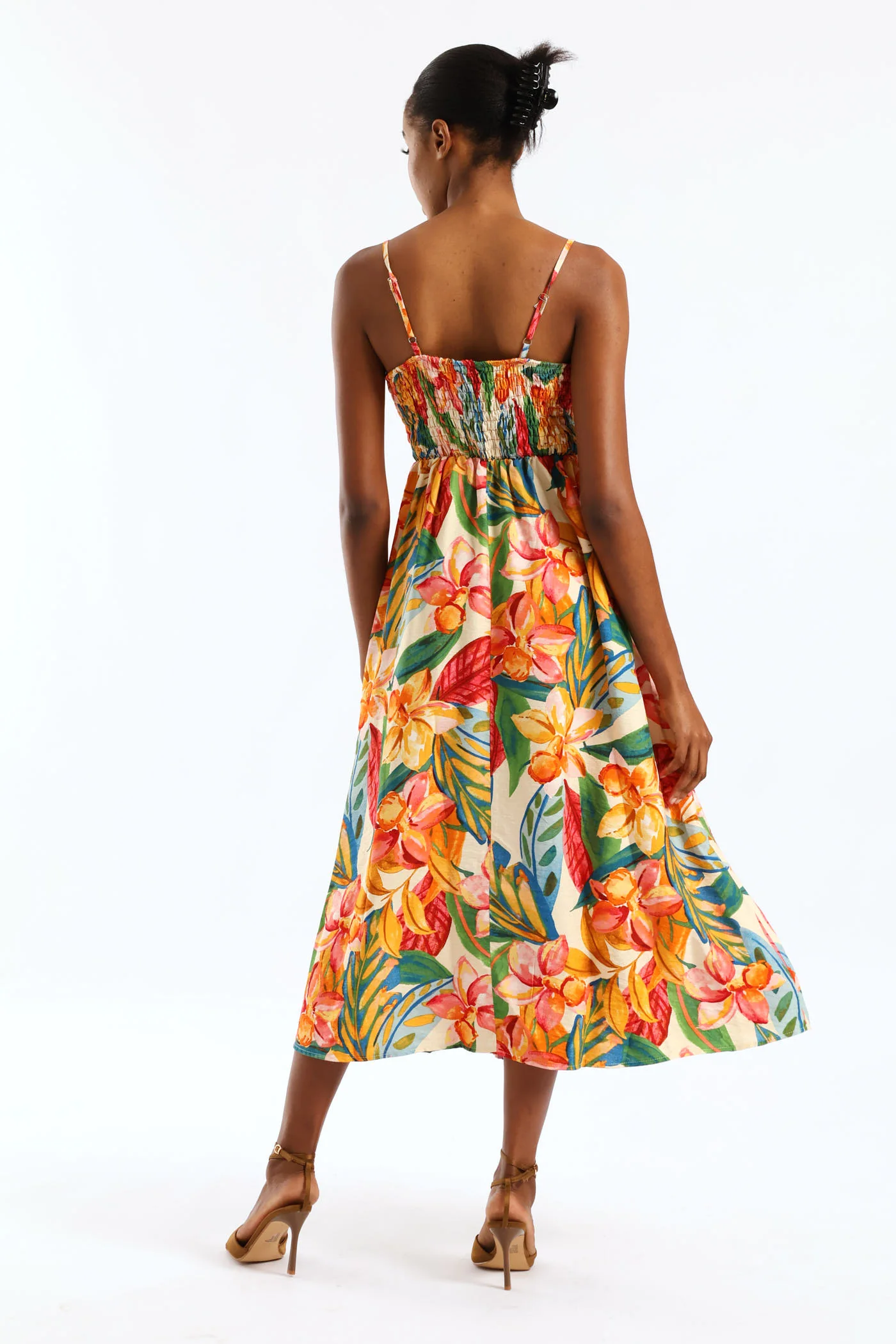 Strappy Shirred-Back Midi Sundress - Multi - Image 4