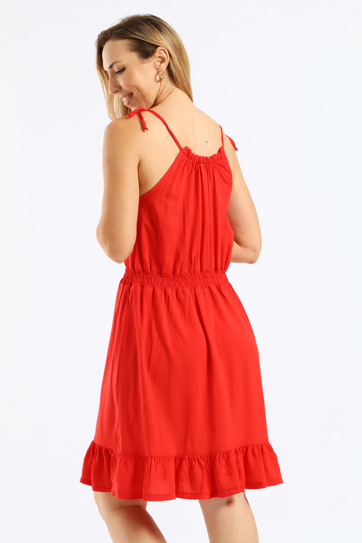 Strappy Shirred Waist Mini Dress - Bright Red - Image 3
