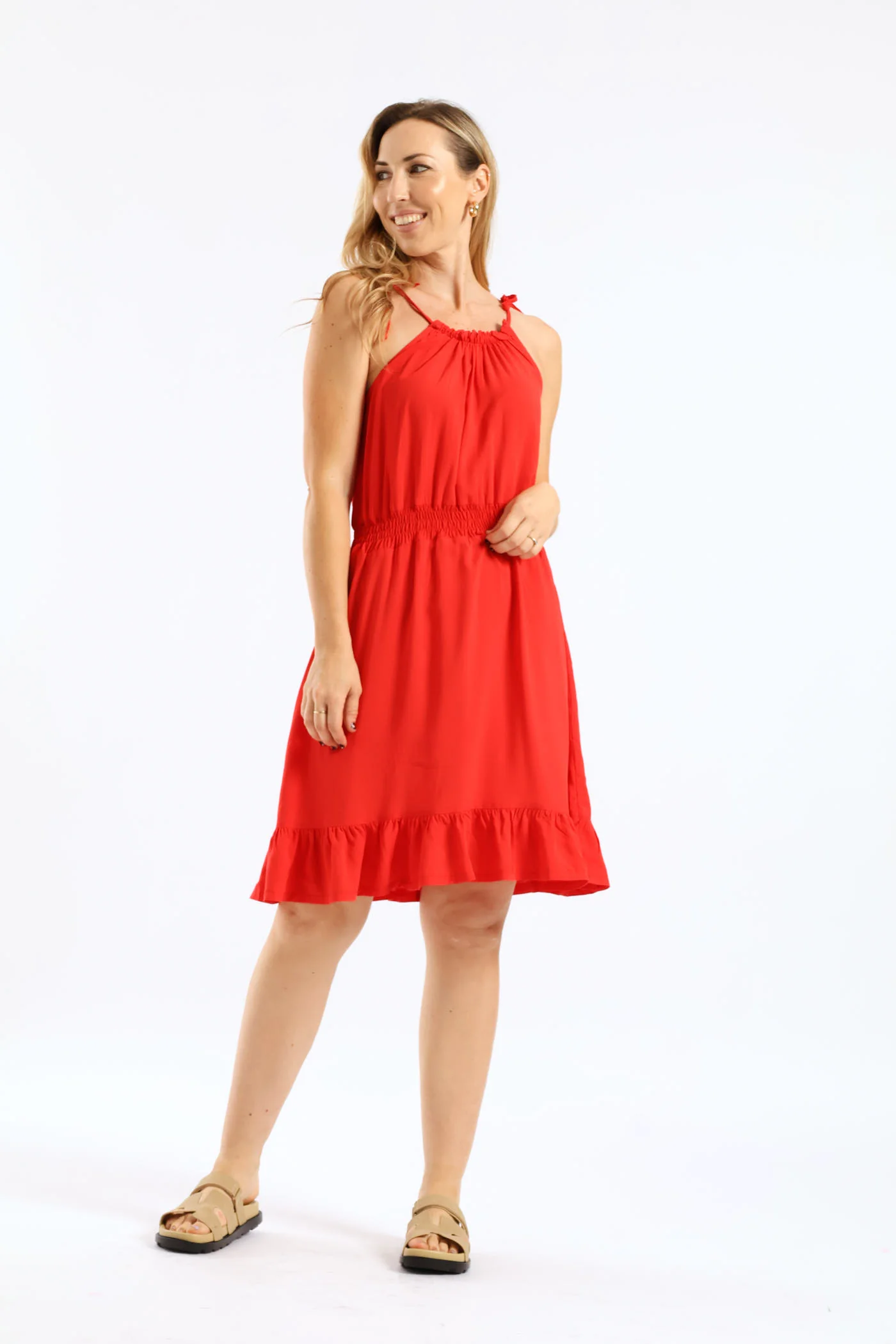 Strappy Shirred Waist Mini Dress - Bright Red - Image 4