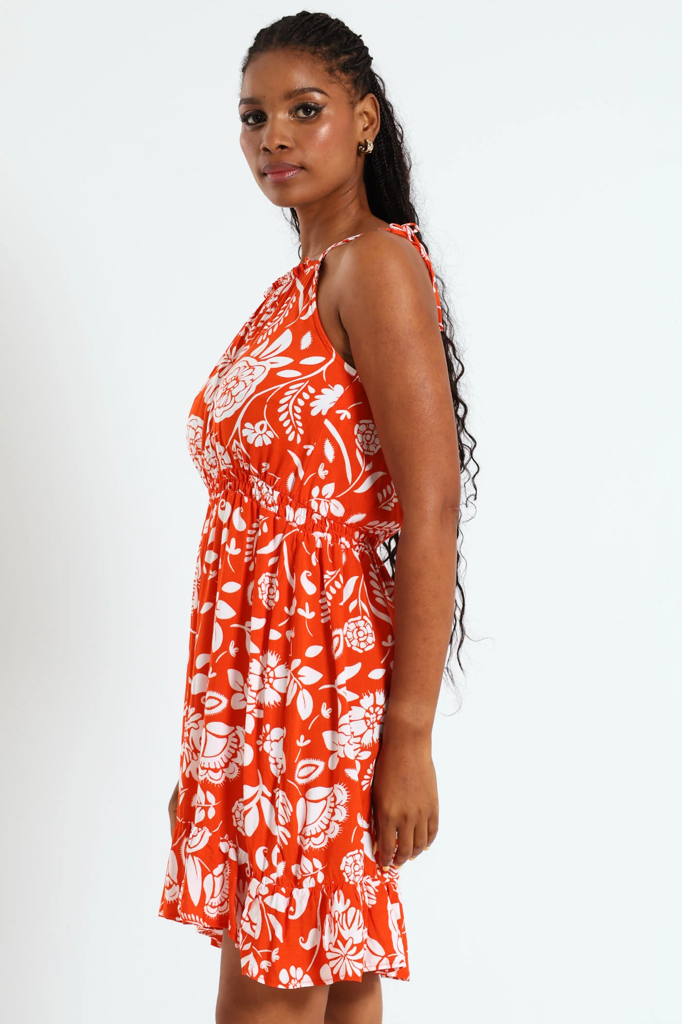 Strappy Shirred Waist Mini Dress - White/Orange - Image 2