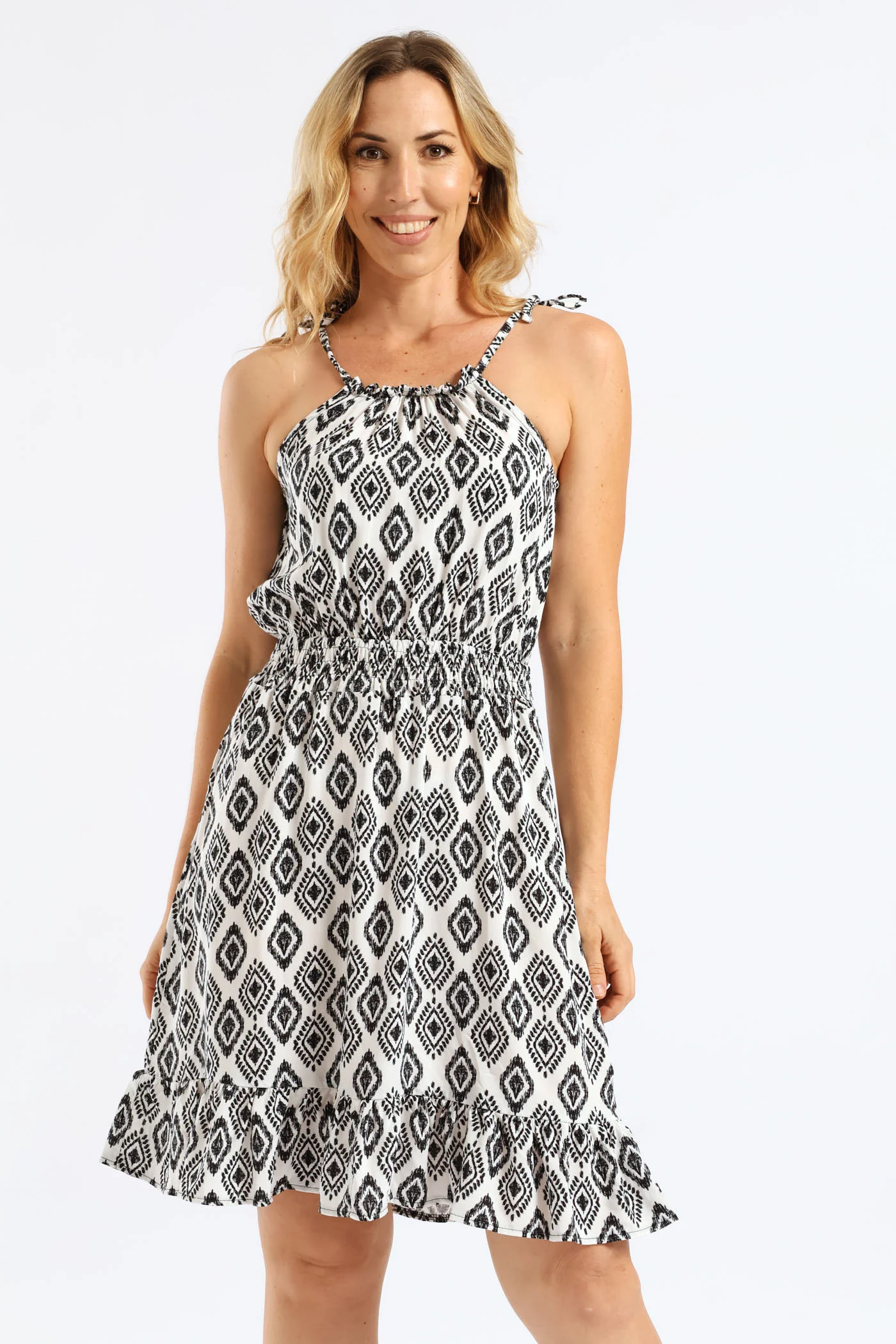 Strappy Shirred Waist Printed Mini Dress - White/Black - Image 2