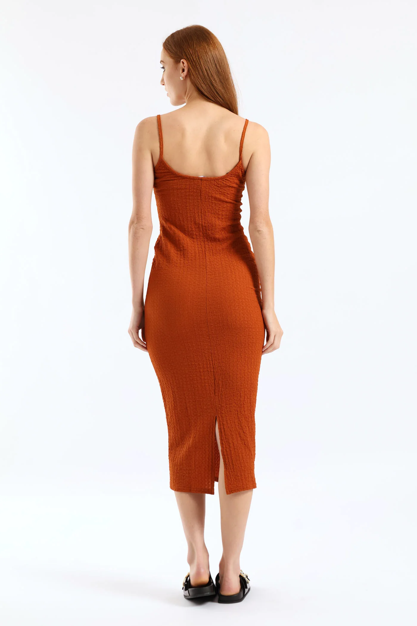 Strappy Textured Bodycon Midi Dress - Rust - Image 4