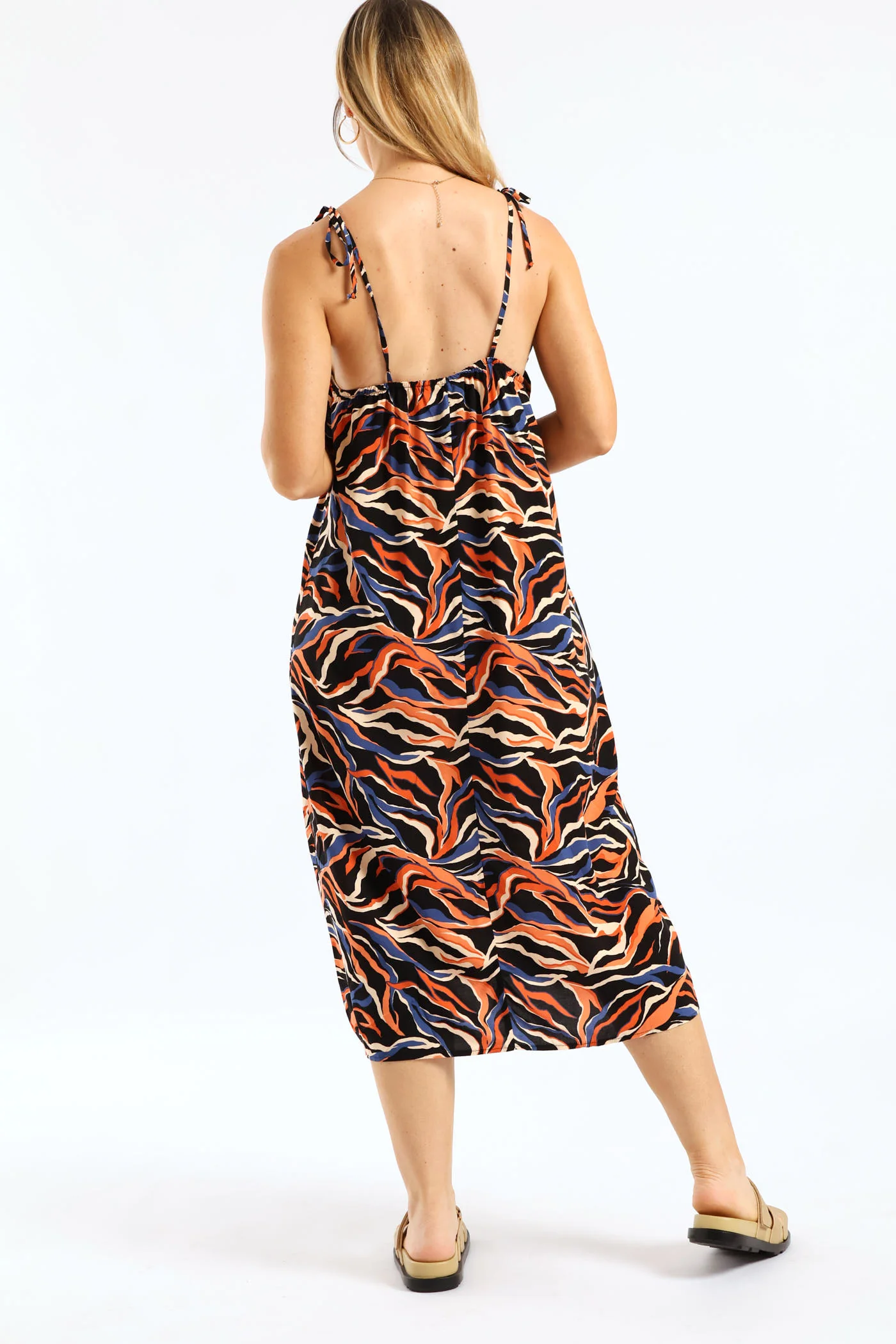 Strappy Tie Frill Neck Shift Midi Dress - Multi - Image 3