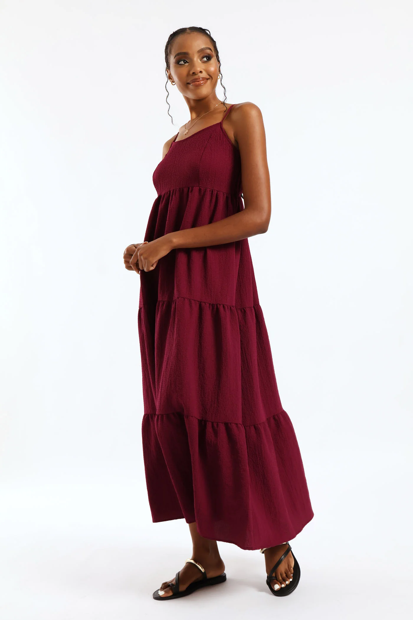 Strappy Tiered Midi Dress - Maroon - Image 3