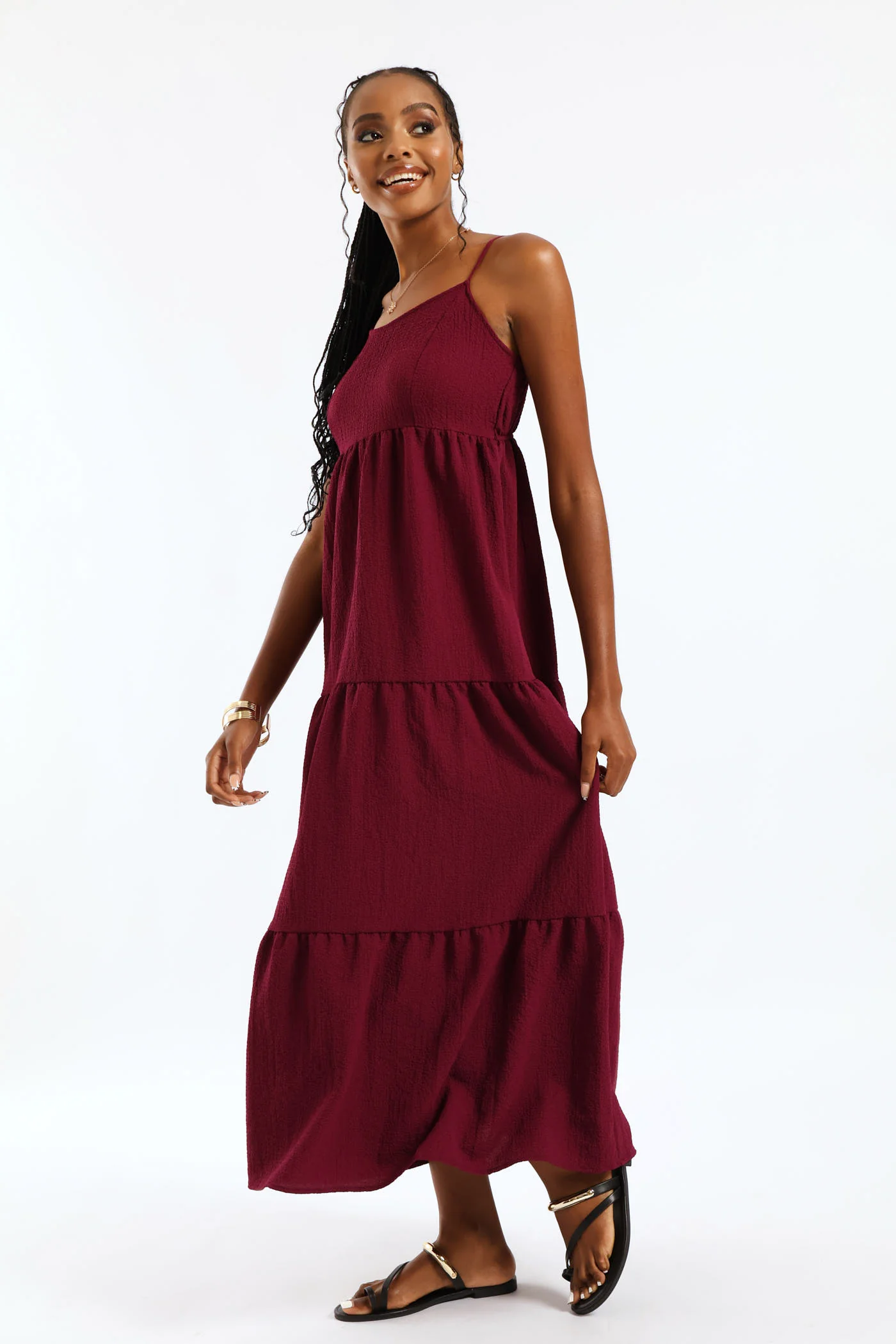 Strappy Tiered Midi Dress - Maroon - Image 4
