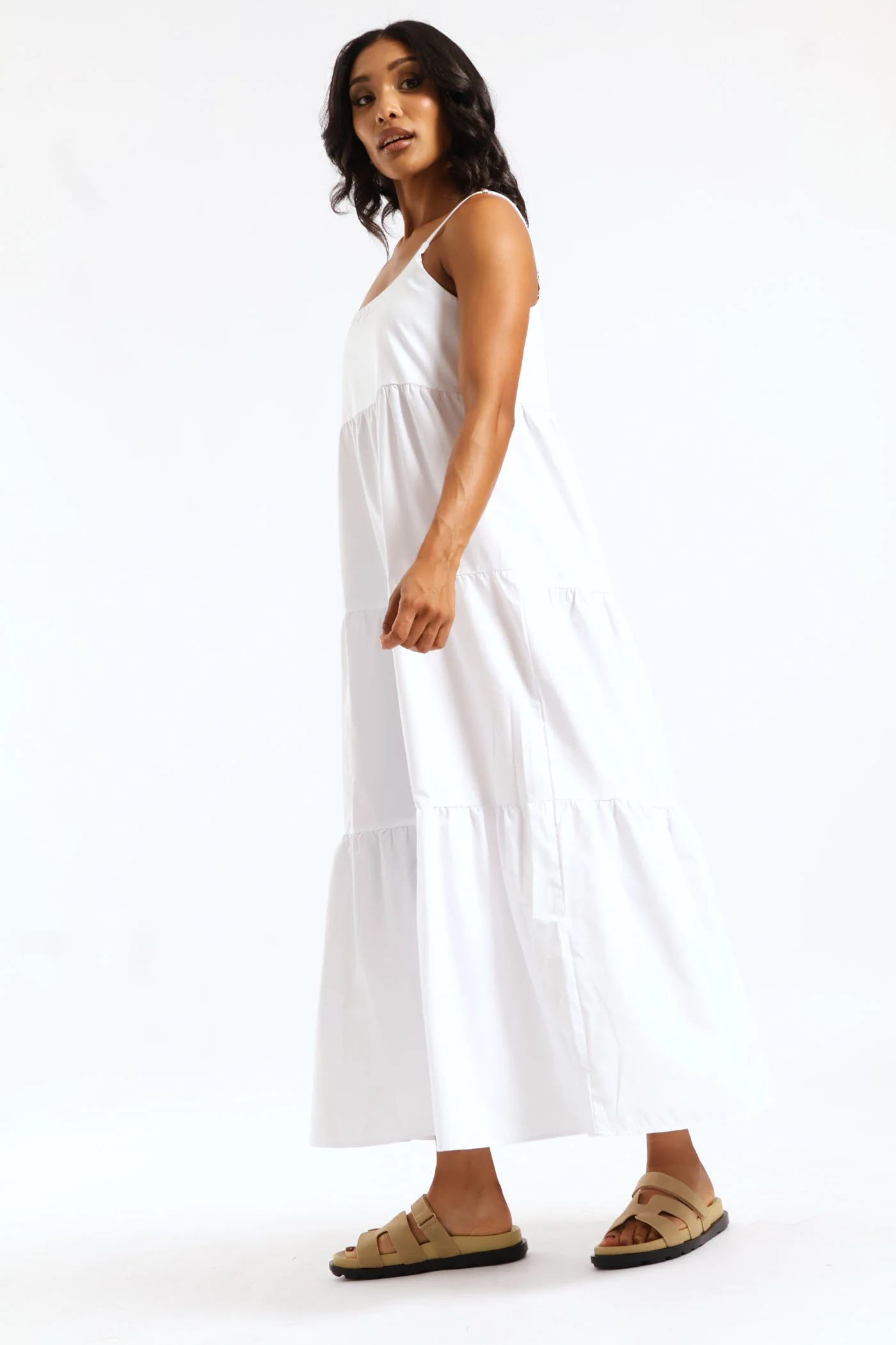 Strappy Tiered Pockets Poplin Maxi Dress - White - Image 2