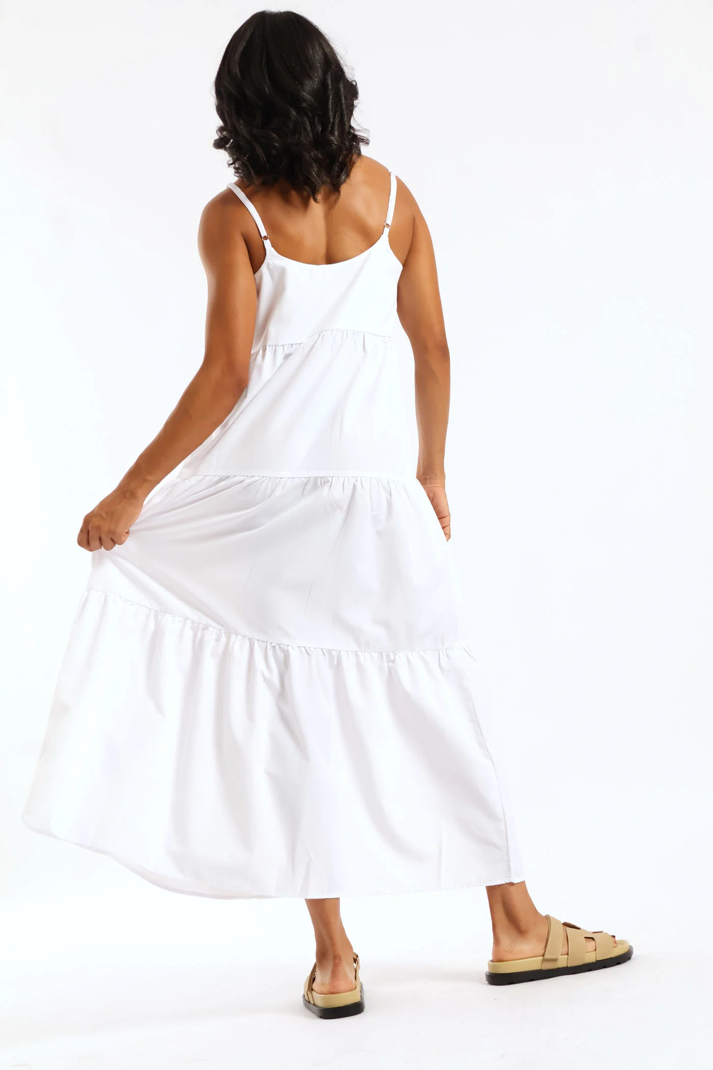 Strappy Tiered Pockets Poplin Maxi Dress - White - Image 4