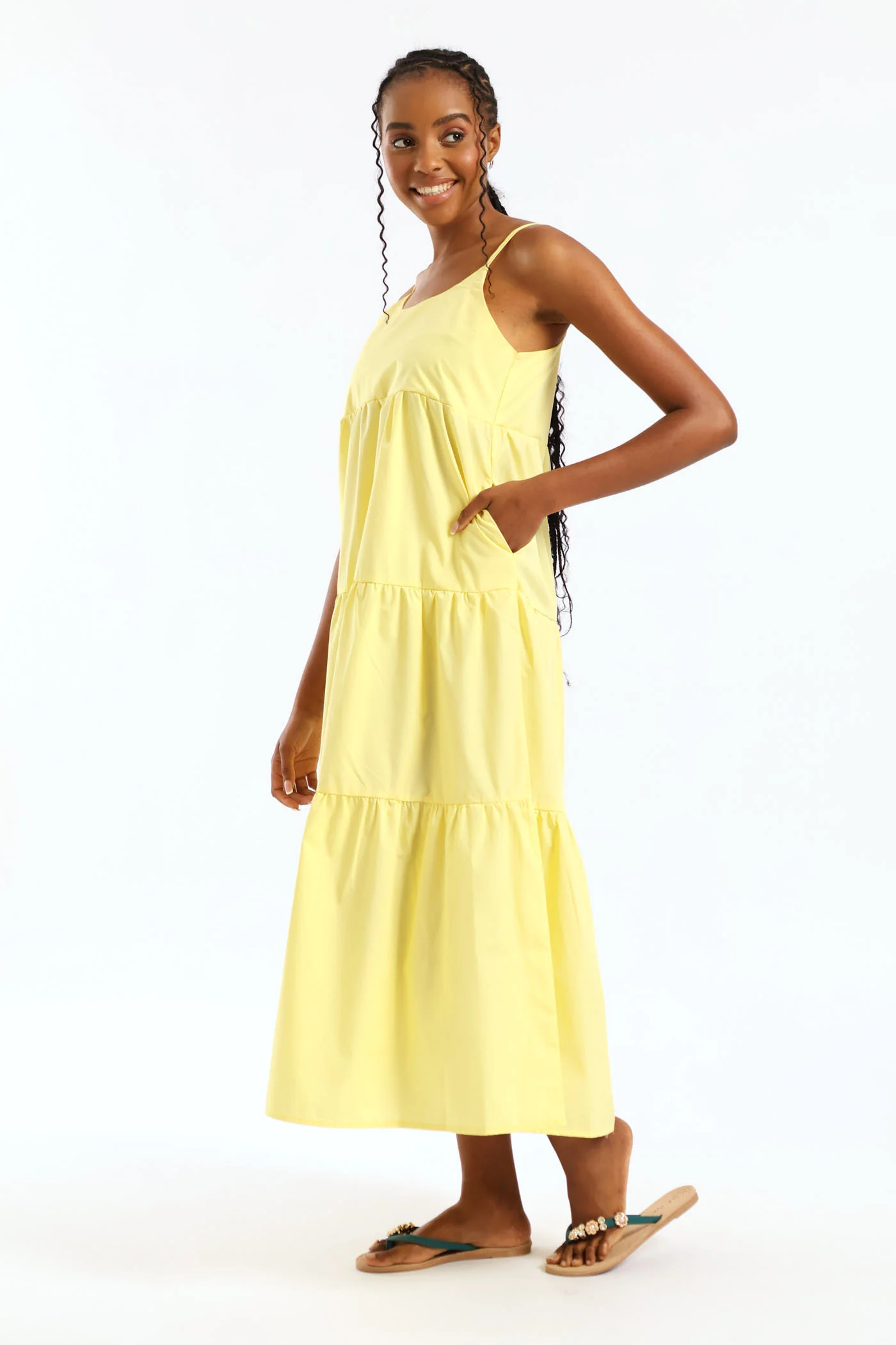 Strappy Tiered Poplin Maxi Dress - Pastel Yellow - Image 4