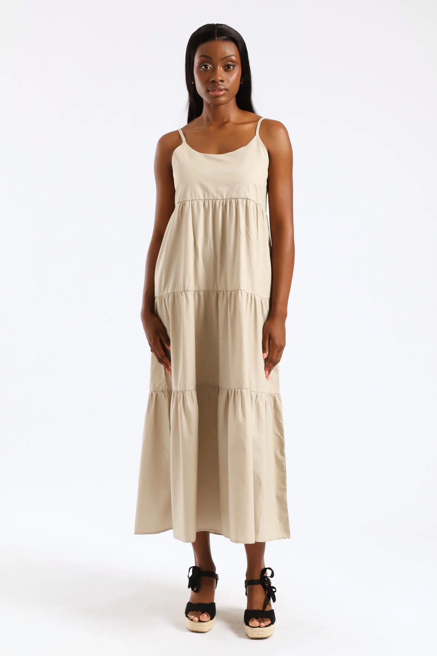 Strappy Tiered Poplin Maxi Dress - Taupe - Image 3