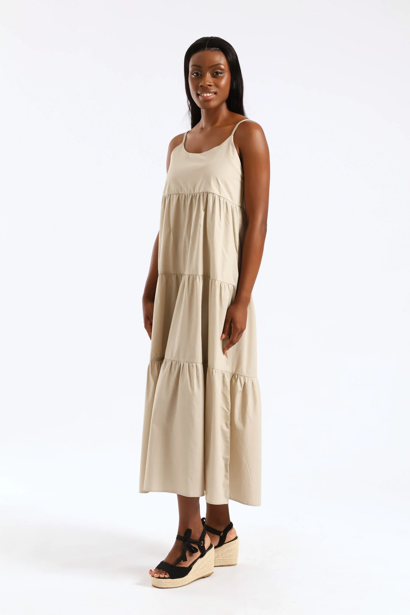 Strappy Tiered Poplin Maxi Dress - Taupe - Image 4