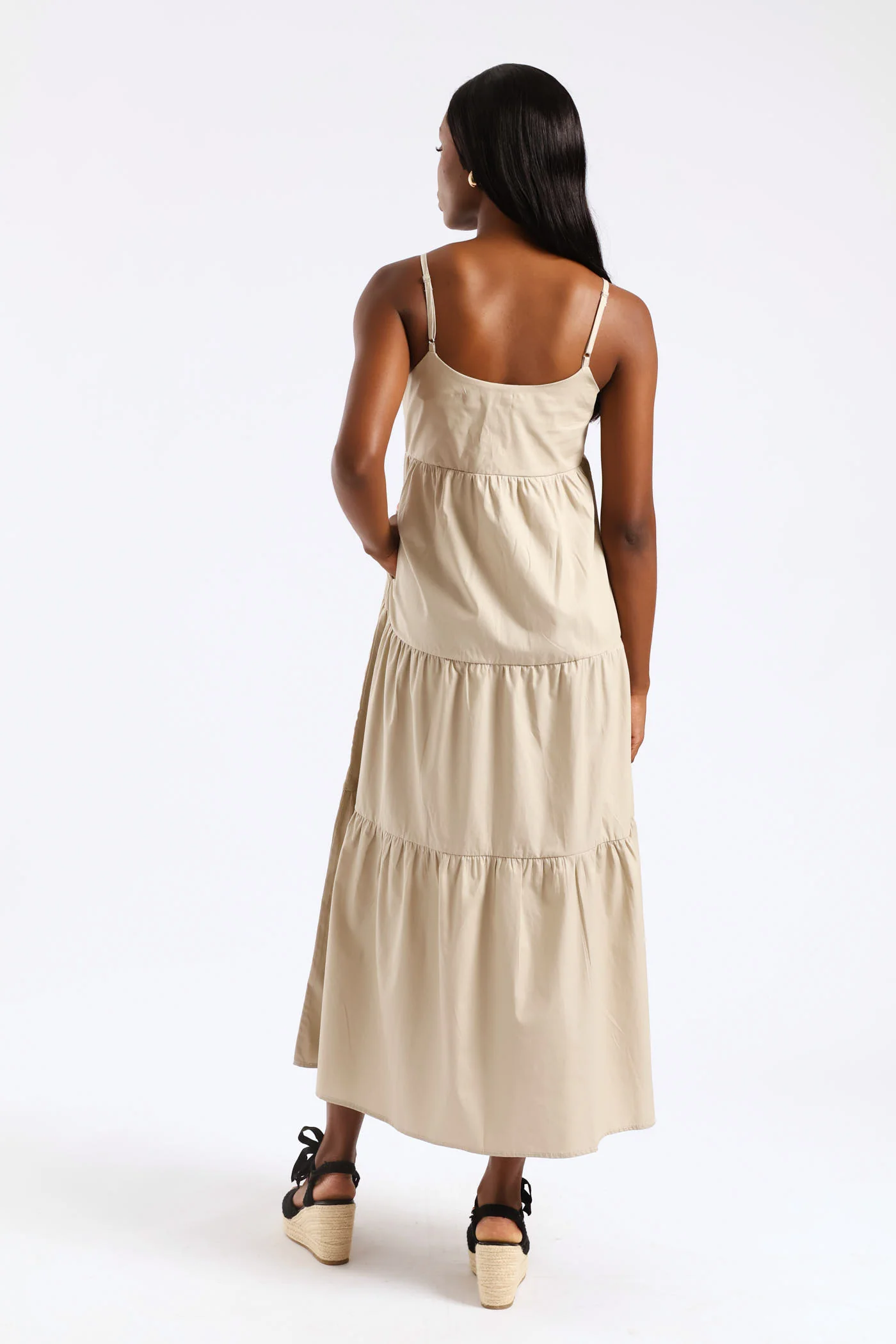 Strappy Tiered Poplin Maxi Dress - Taupe - Image 5