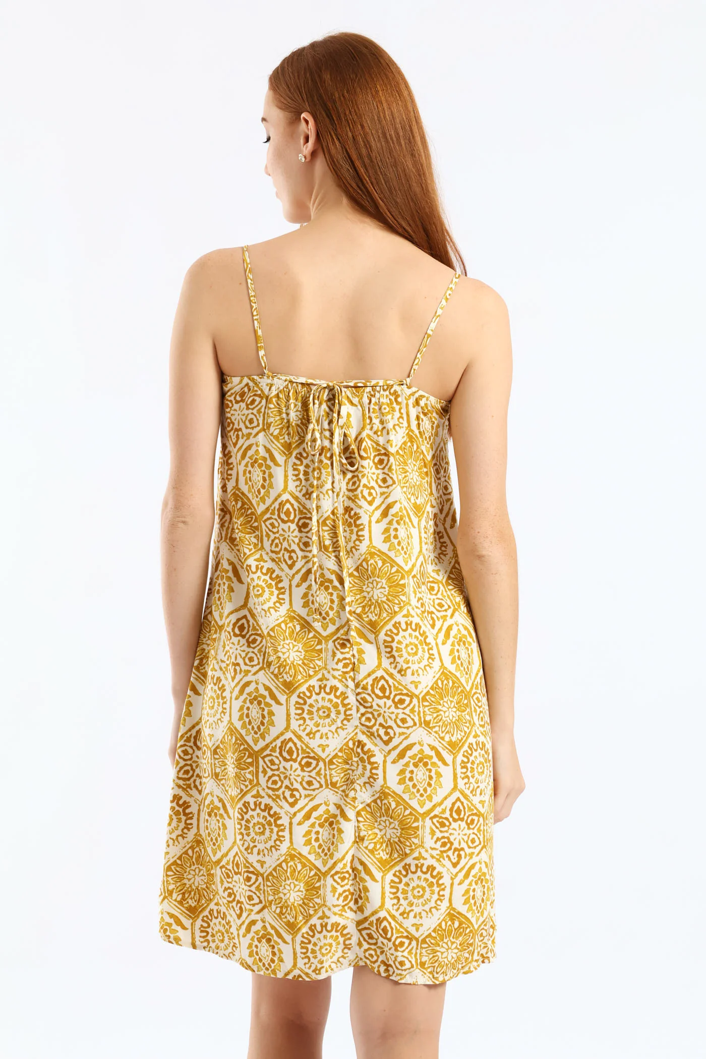 Strappy V-Neck Drawstring Back Swing Mini Dress - Mustard/Cream - Image 3