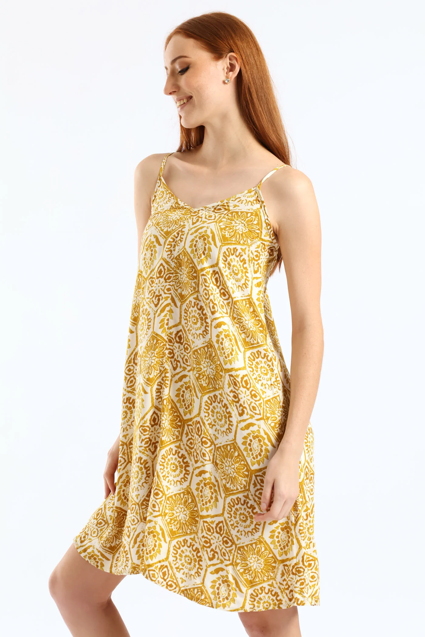 Strappy V-Neck Drawstring Back Swing Mini Dress - Mustard/Cream - Image 4