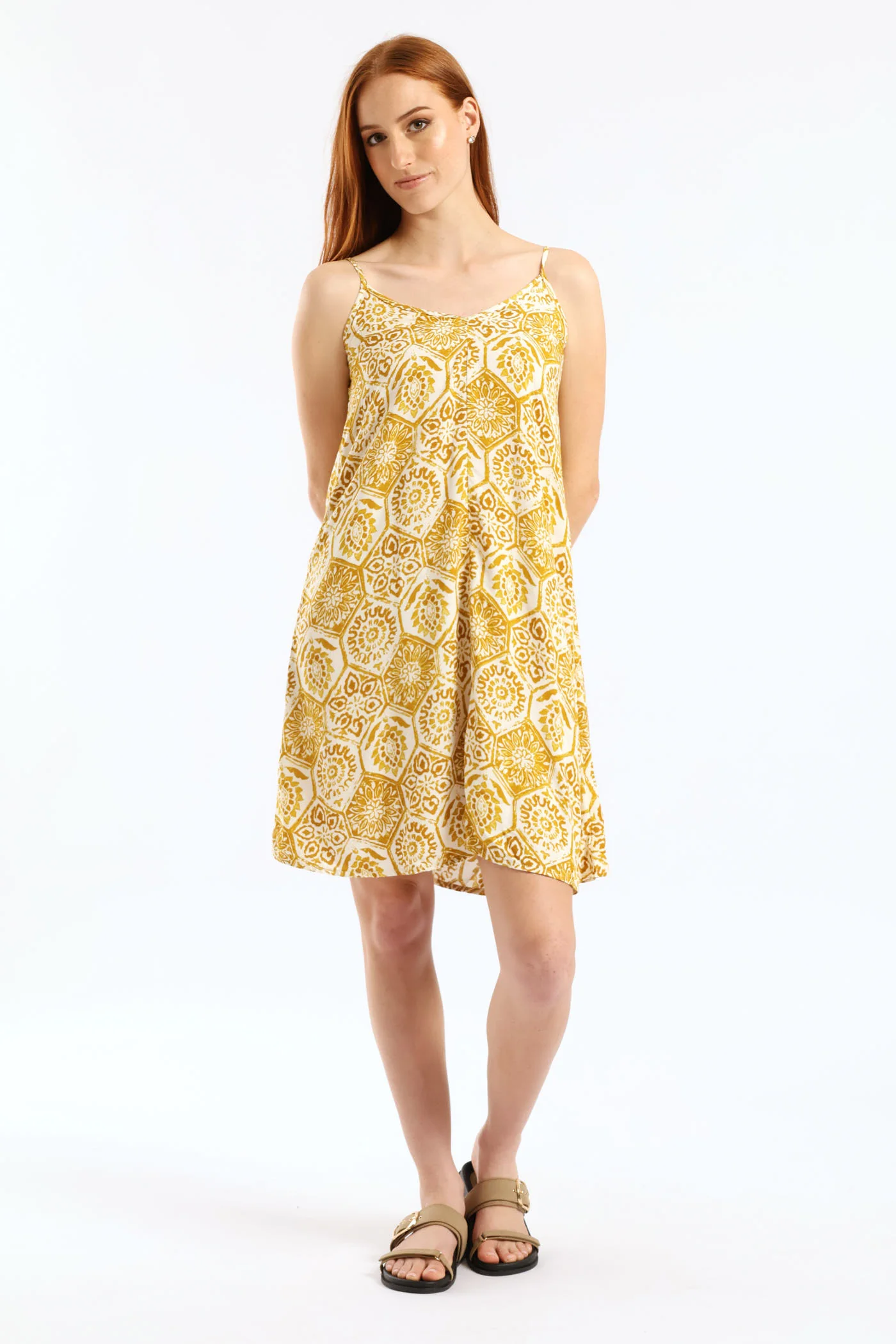Strappy V-Neck Drawstring Back Swing Mini Dress - Mustard/Cream - Image 5