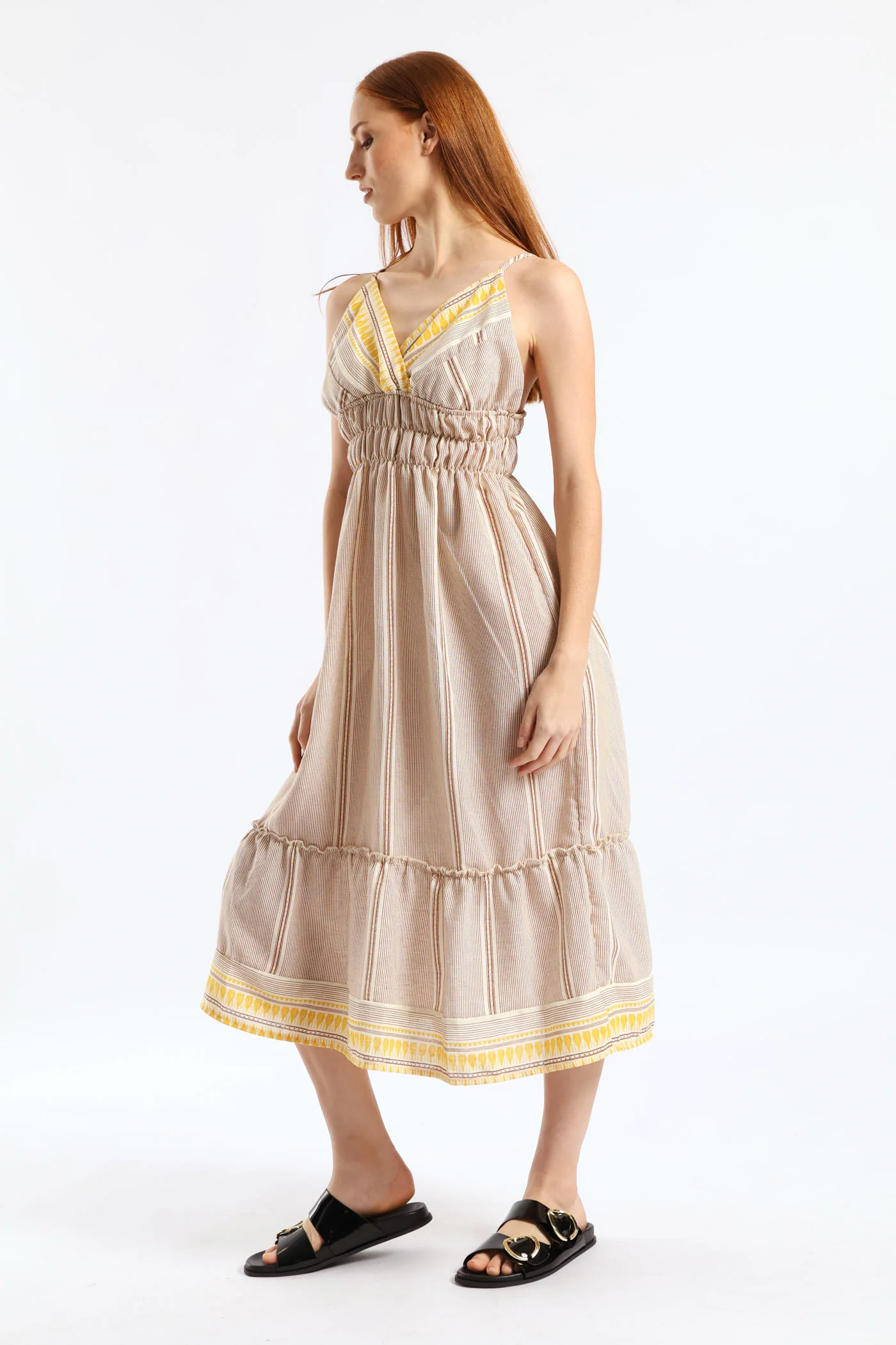 Strappy V-Neck Frill Hem Elasticated Waist Midi Dress - Stone/White - Image 3