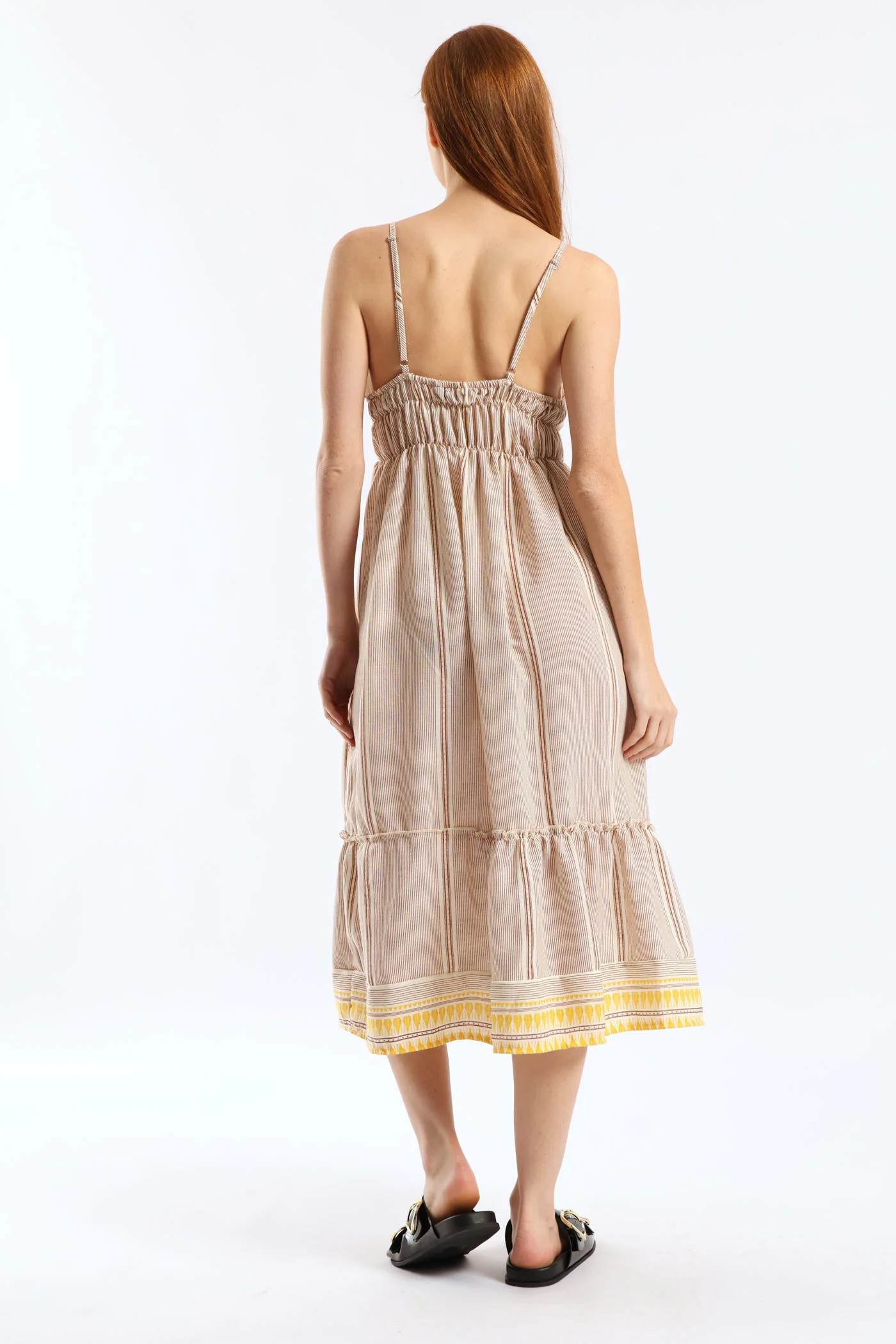 Strappy V-Neck Frill Hem Elasticated Waist Midi Dress - Stone/White - Image 4