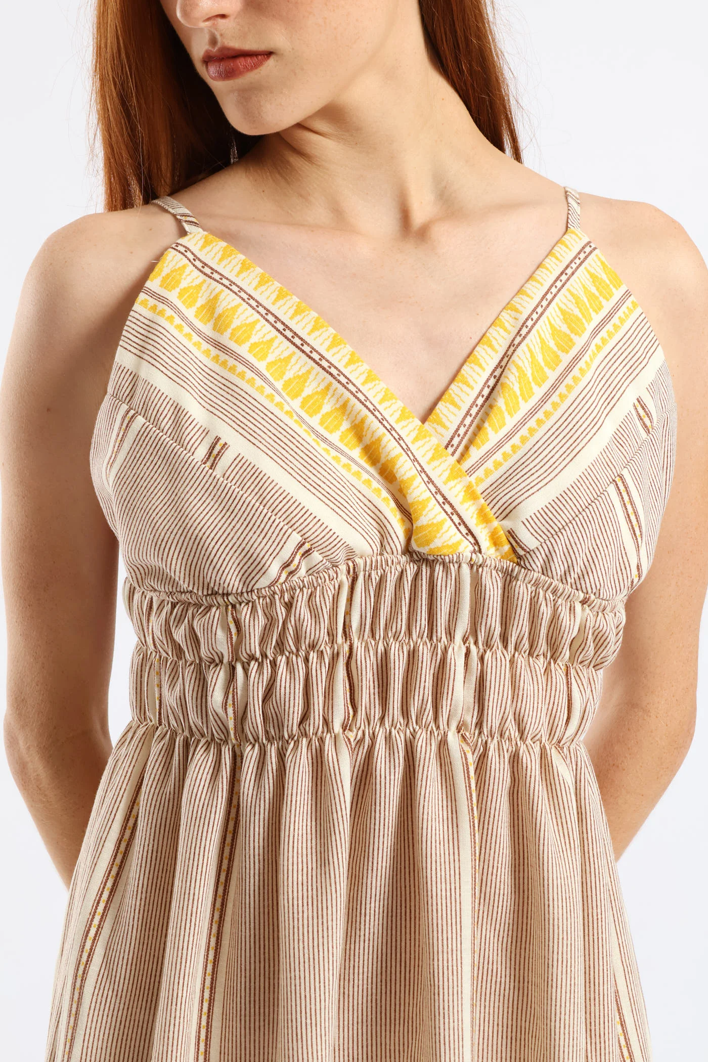 Strappy V-Neck Frill Hem Elasticated Waist Midi Dress - Stone/White - Image 5