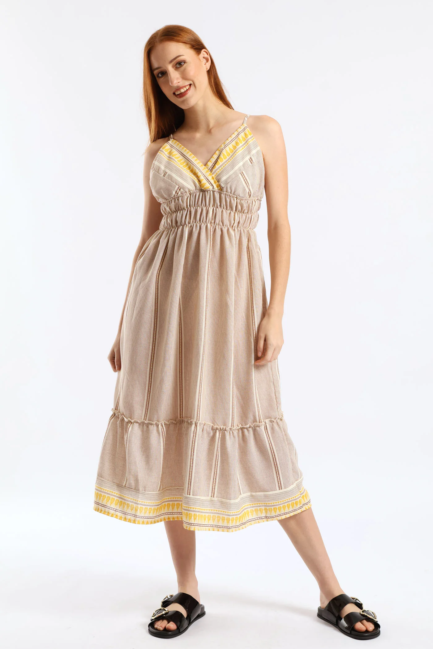 Strappy V-Neck Frill Hem Elasticated Waist Midi Dress - Stone/White - Image 6