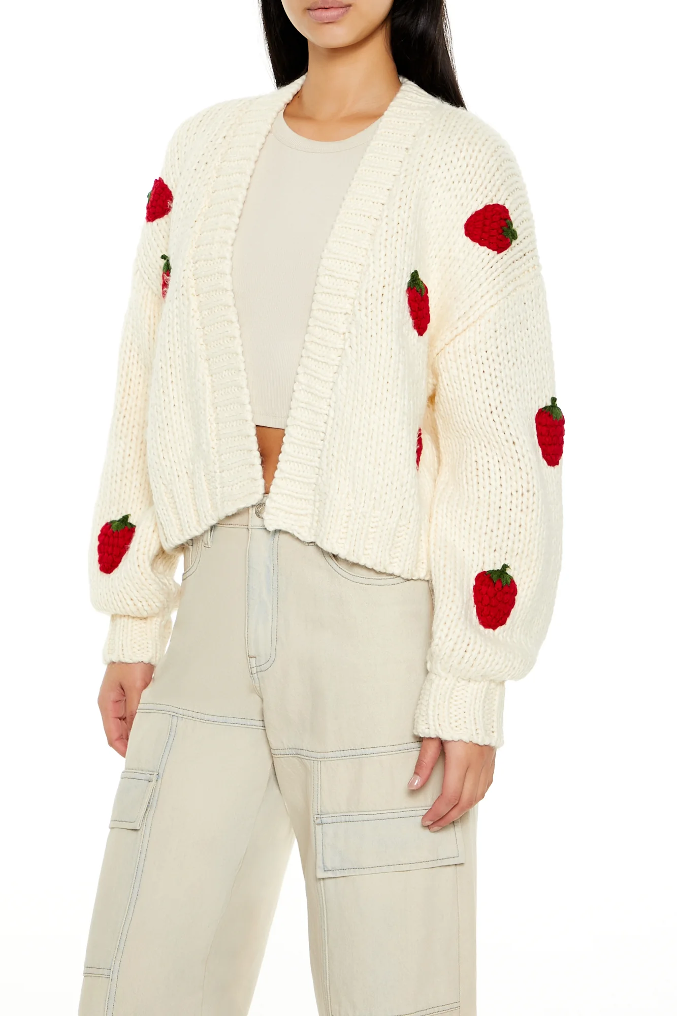Strawberry Cropped Cardigan - Cream - Image 3