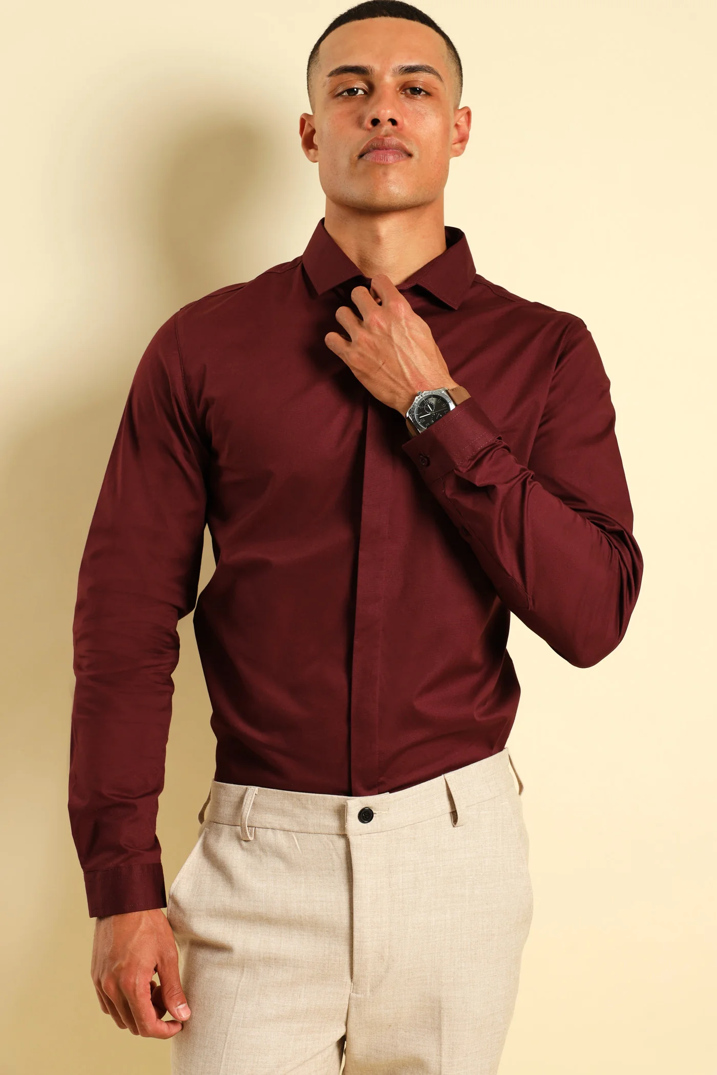 Stretch Concealed Placket Shirt - Burgundy - Image 2