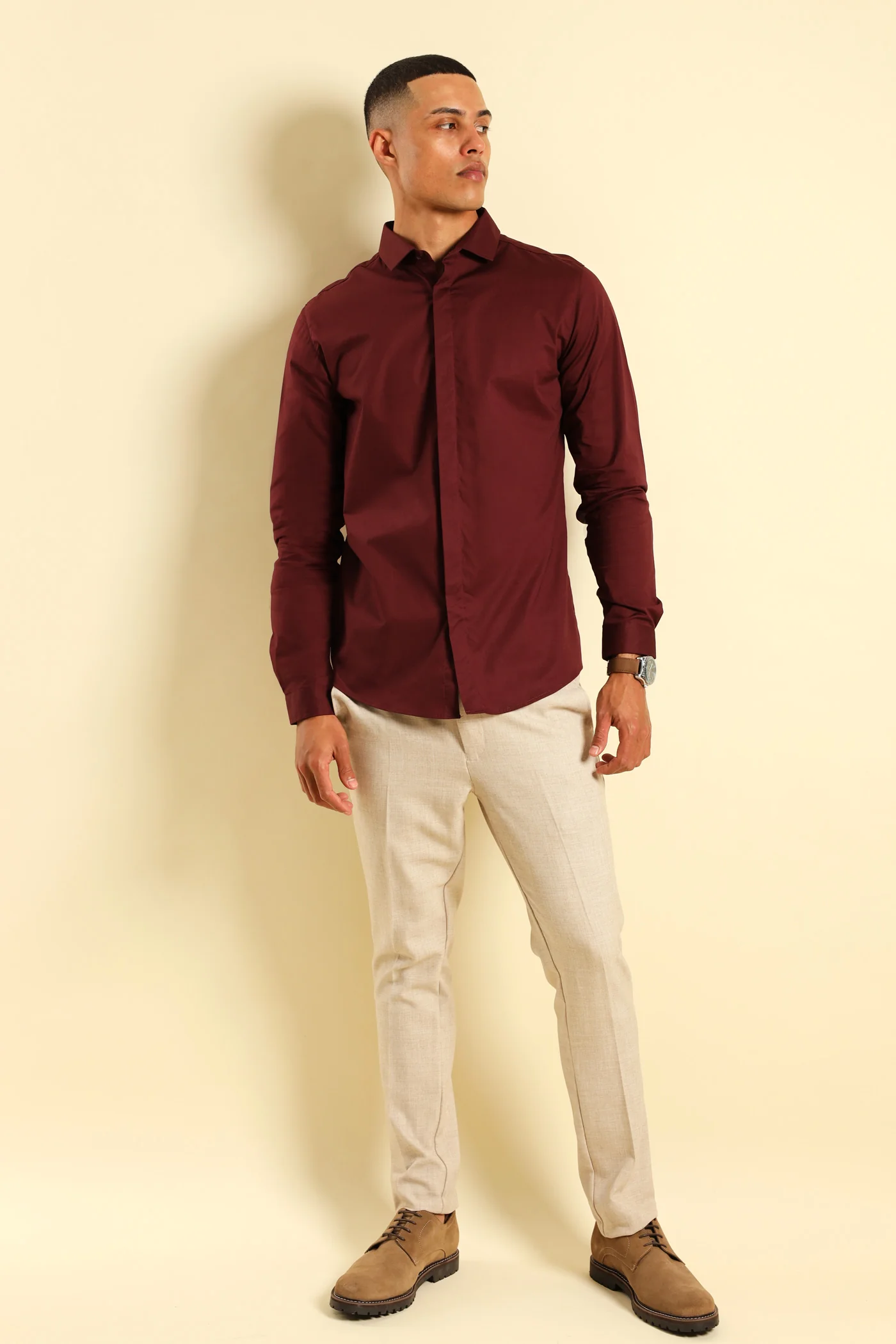 Stretch Concealed Placket Shirt - Burgundy - Image 5