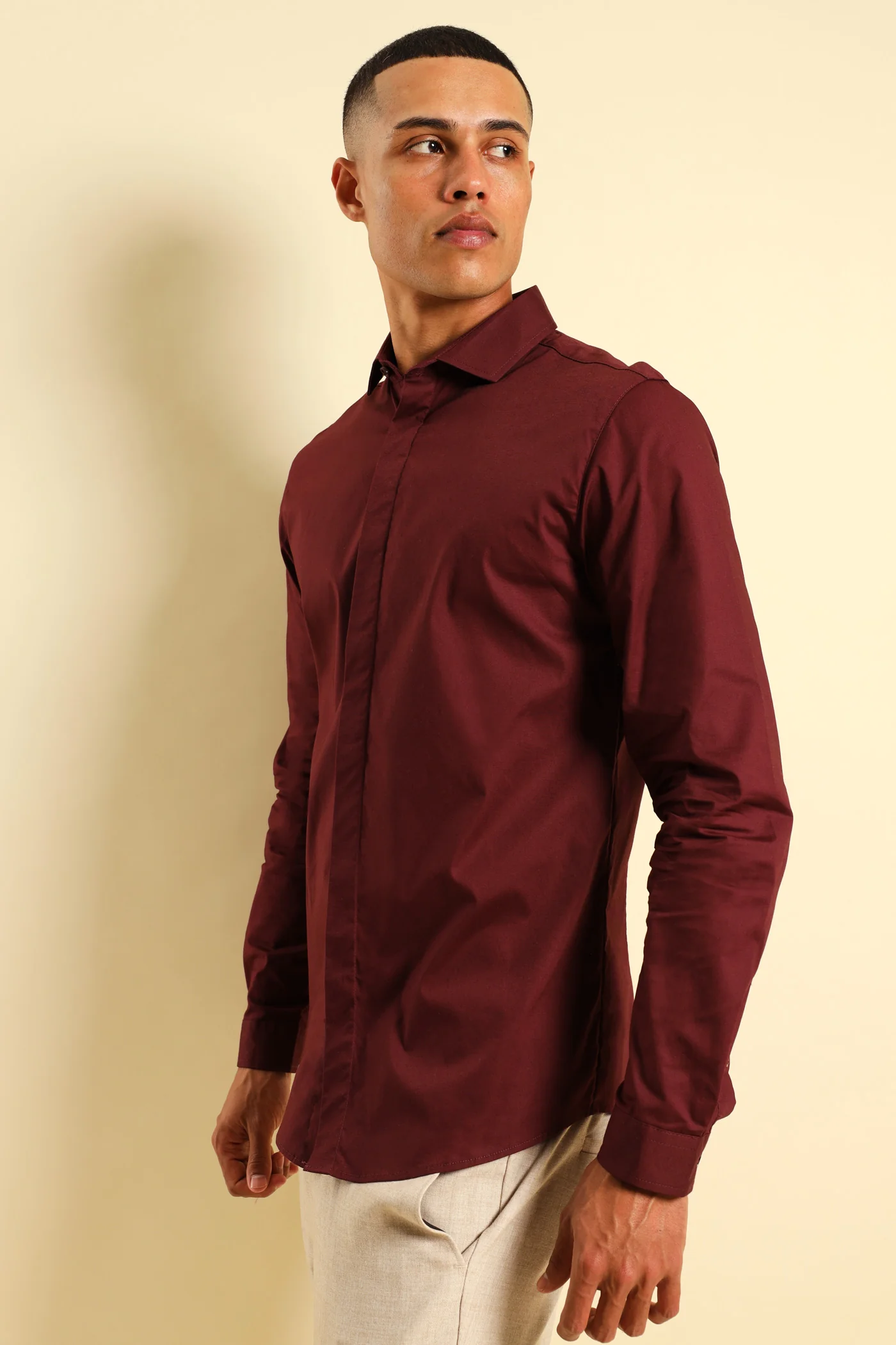 Stretch Concealed Placket Shirt - Burgundy - Image 6