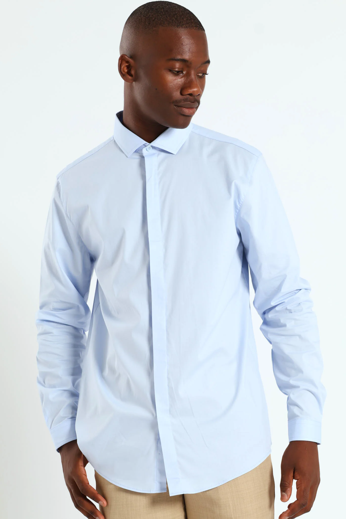 Stretch Concealed Placket Shirt - Light Blue - Image 10