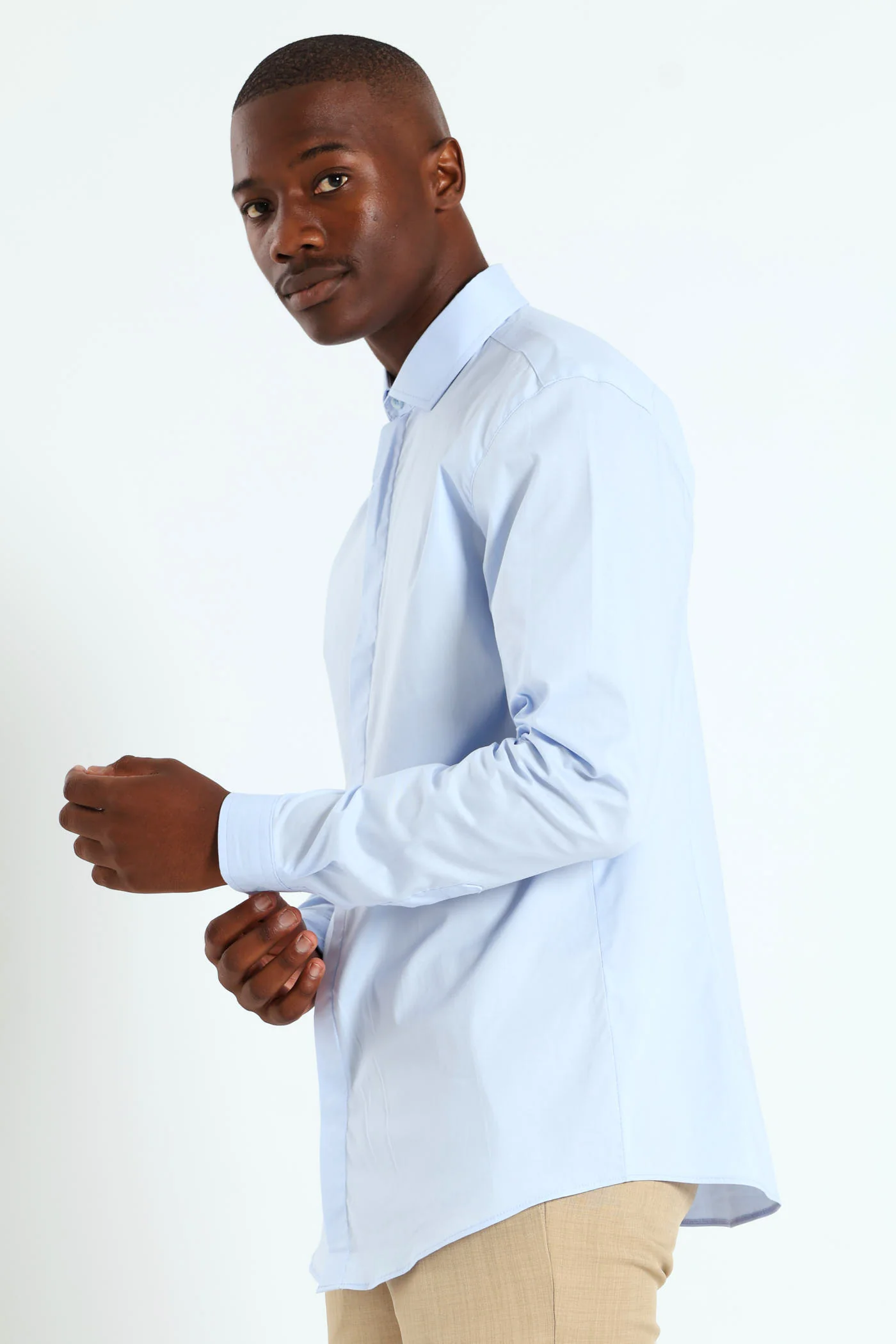 Stretch Concealed Placket Shirt - Light Blue - Image 11