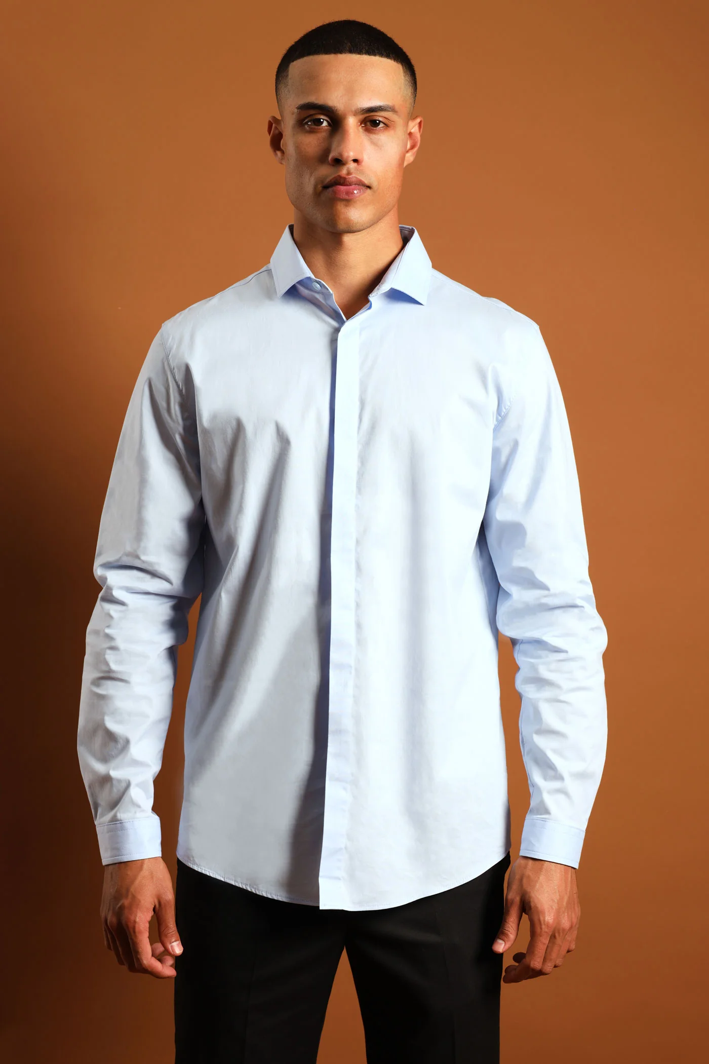 Stretch Concealed Placket Shirt - Light Blue - Image 3