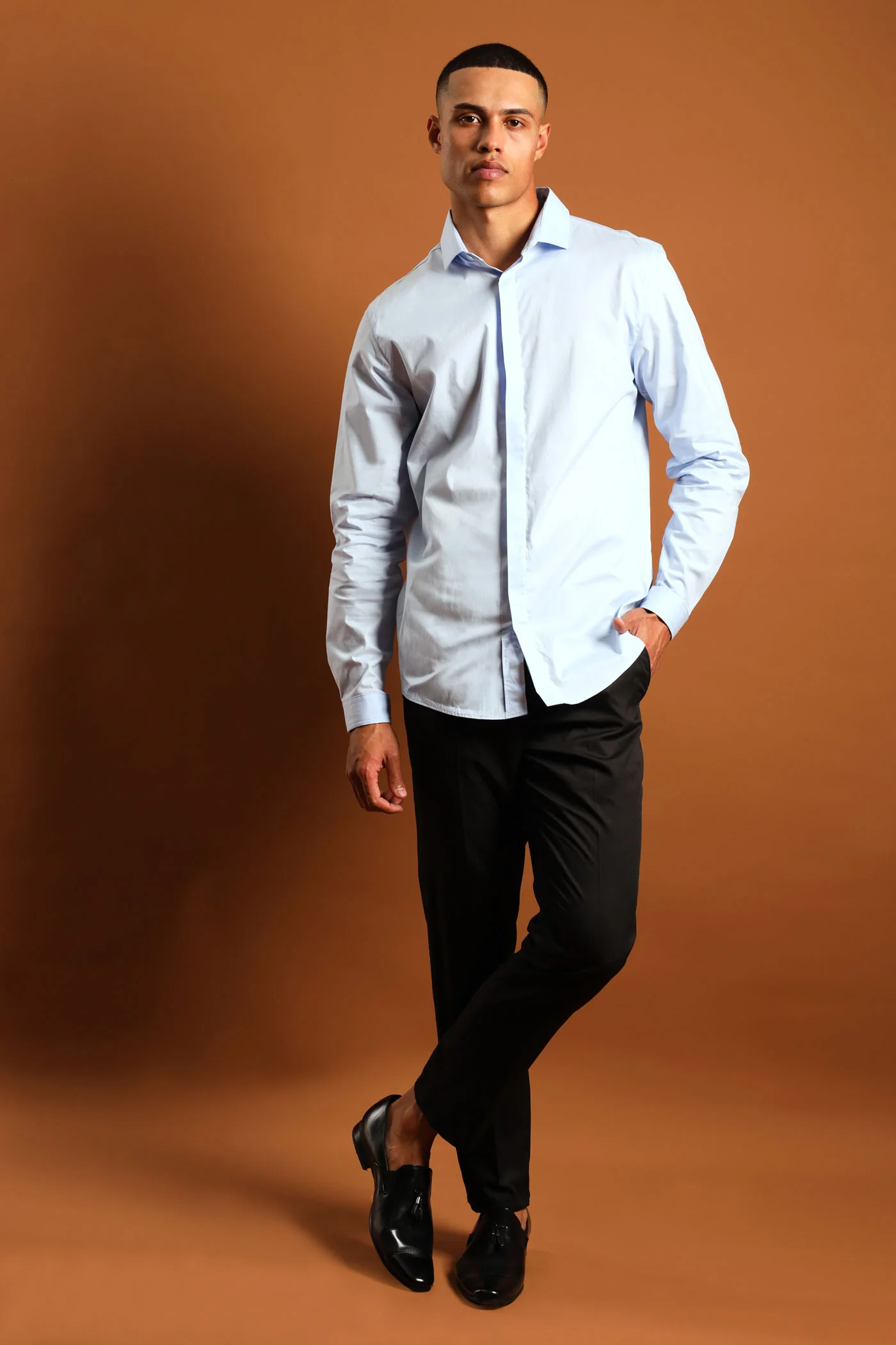 Stretch Concealed Placket Shirt - Light Blue - Image 5