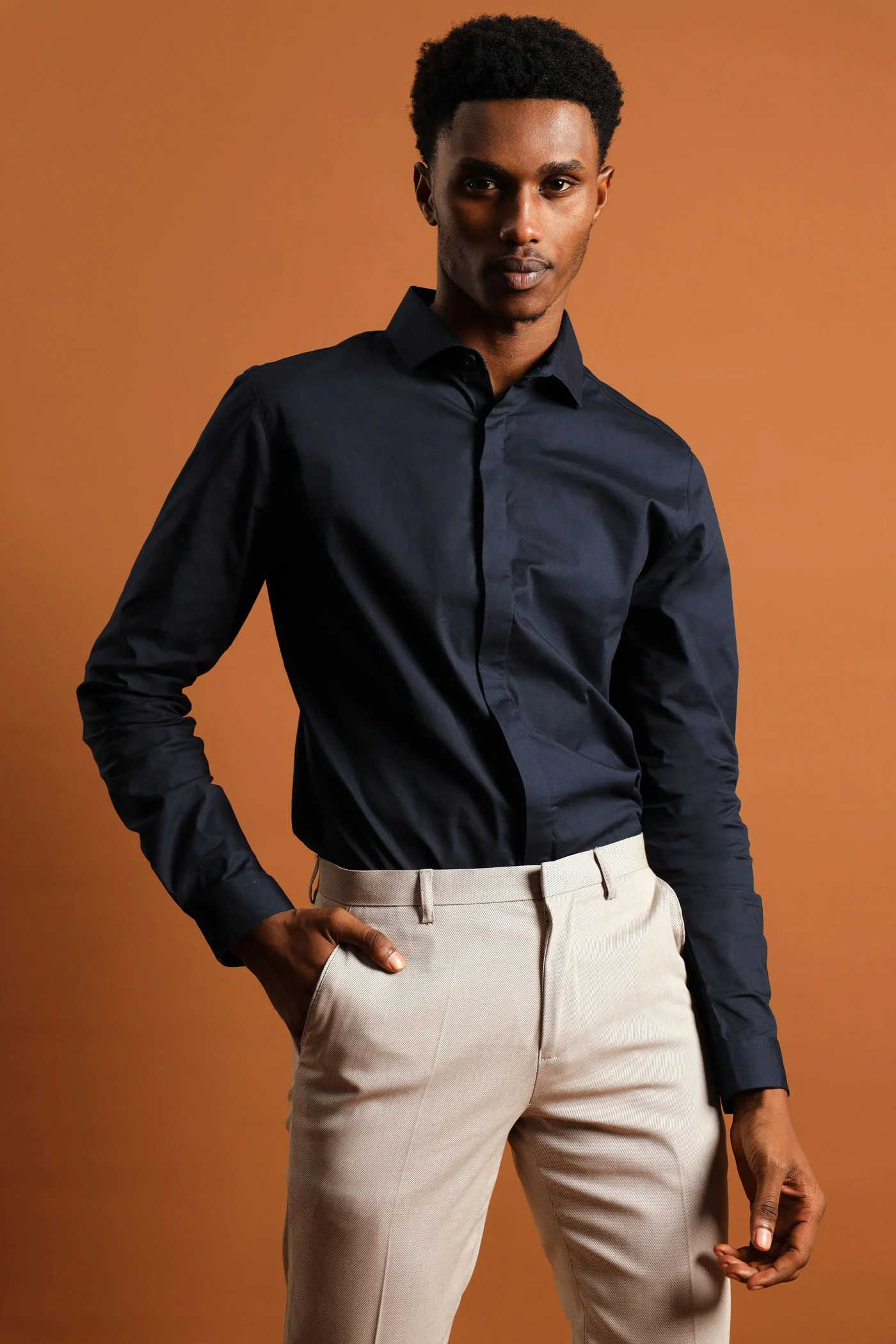 Stretch Concealed Placket Shirt - Navy - Image 2