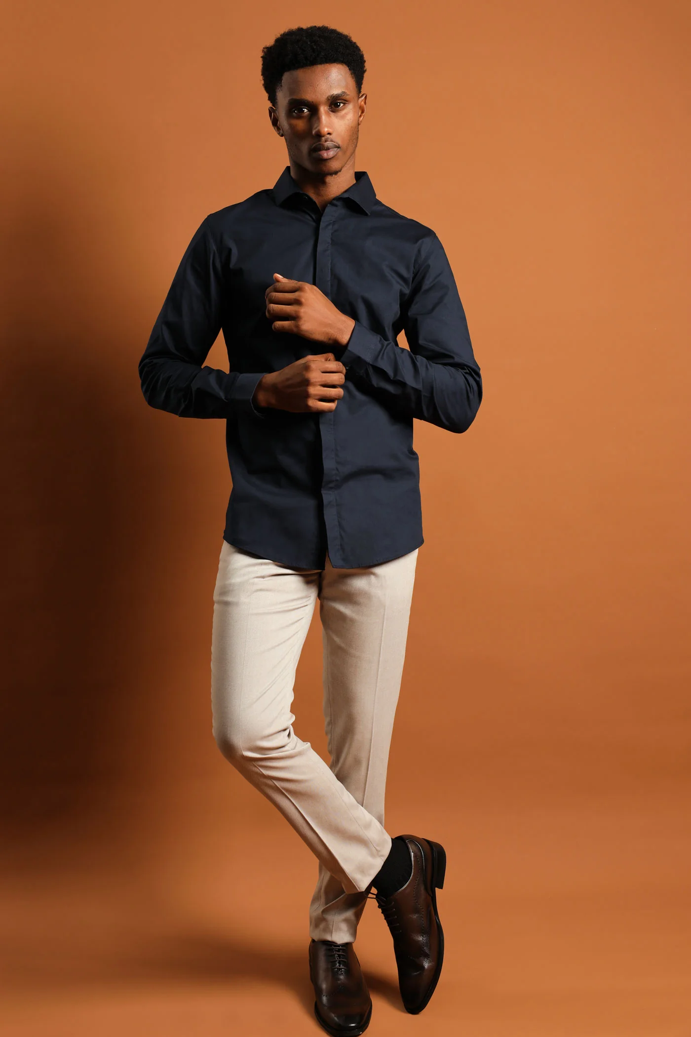 Stretch Concealed Placket Shirt - Navy - Image 3