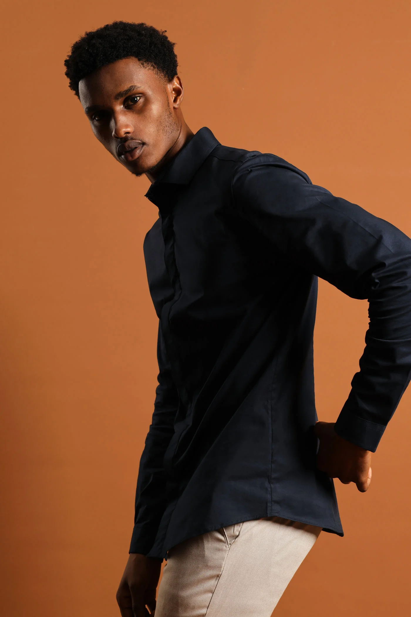 Stretch Concealed Placket Shirt - Navy - Image 4