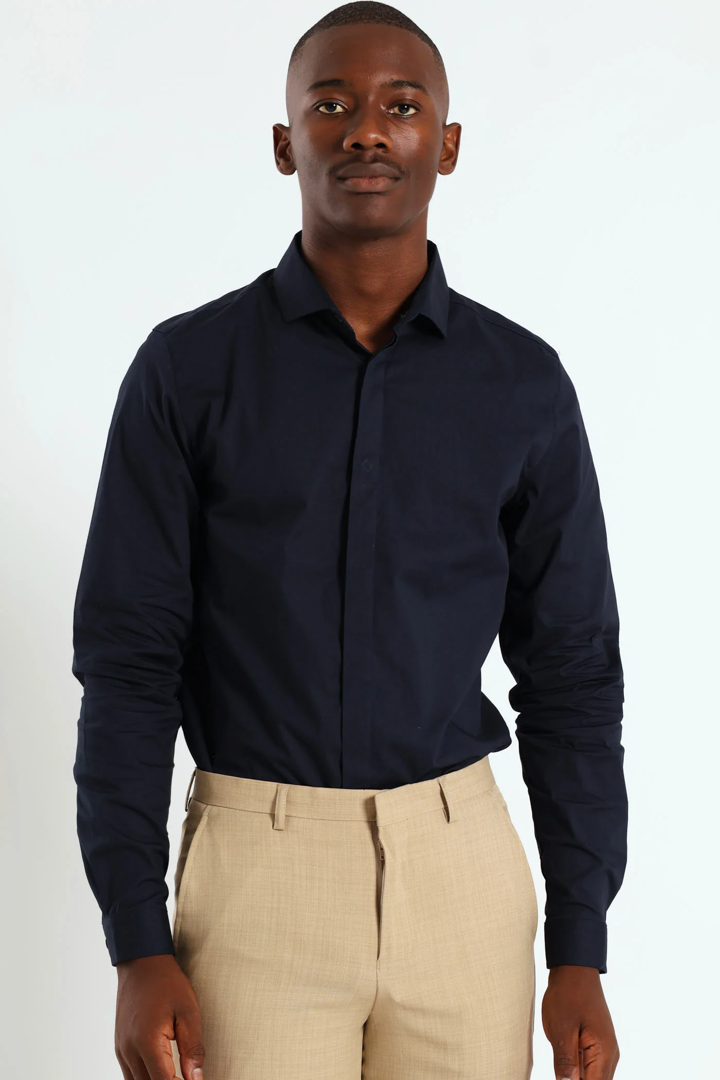 Stretch Concealed Placket Shirt - Navy - Image 7