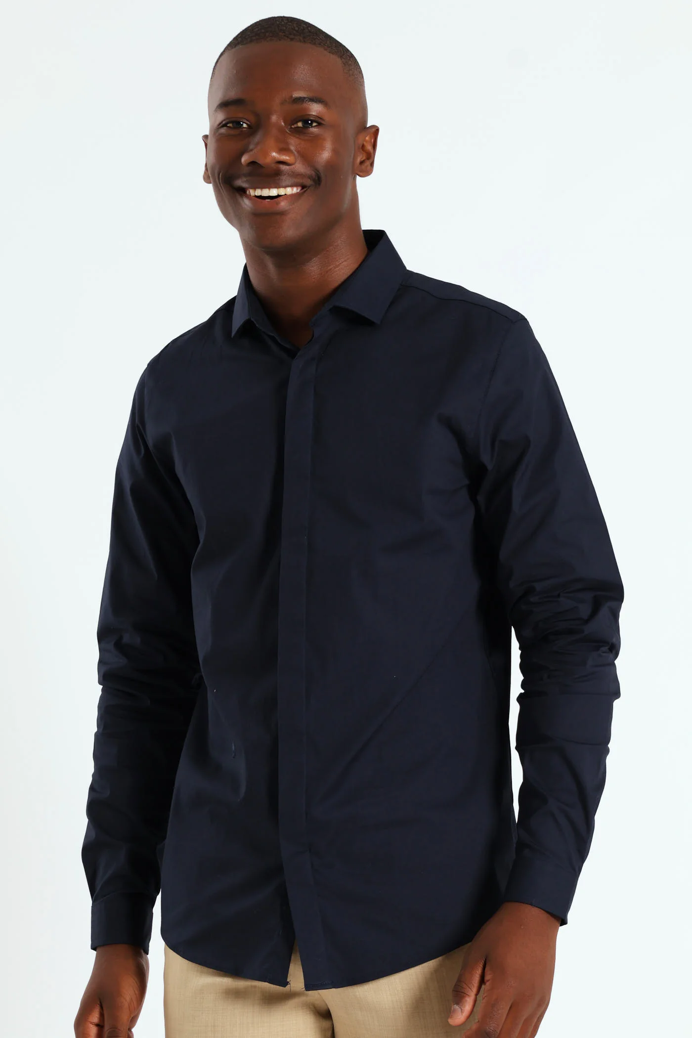 Stretch Concealed Placket Shirt - Navy - Image 8