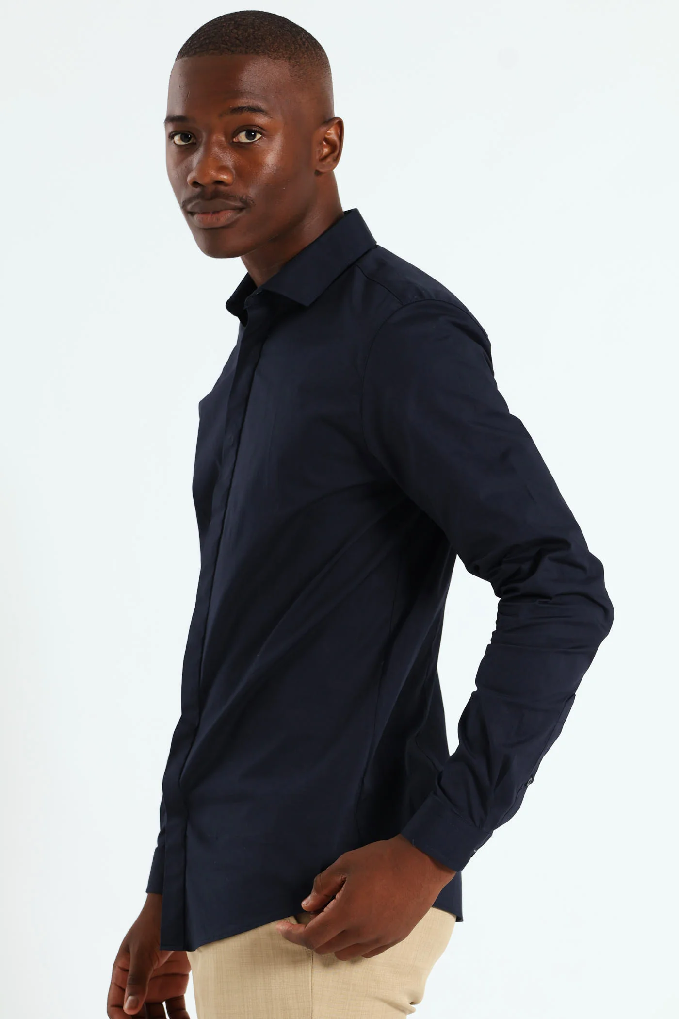 Stretch Concealed Placket Shirt - Navy - Image 9