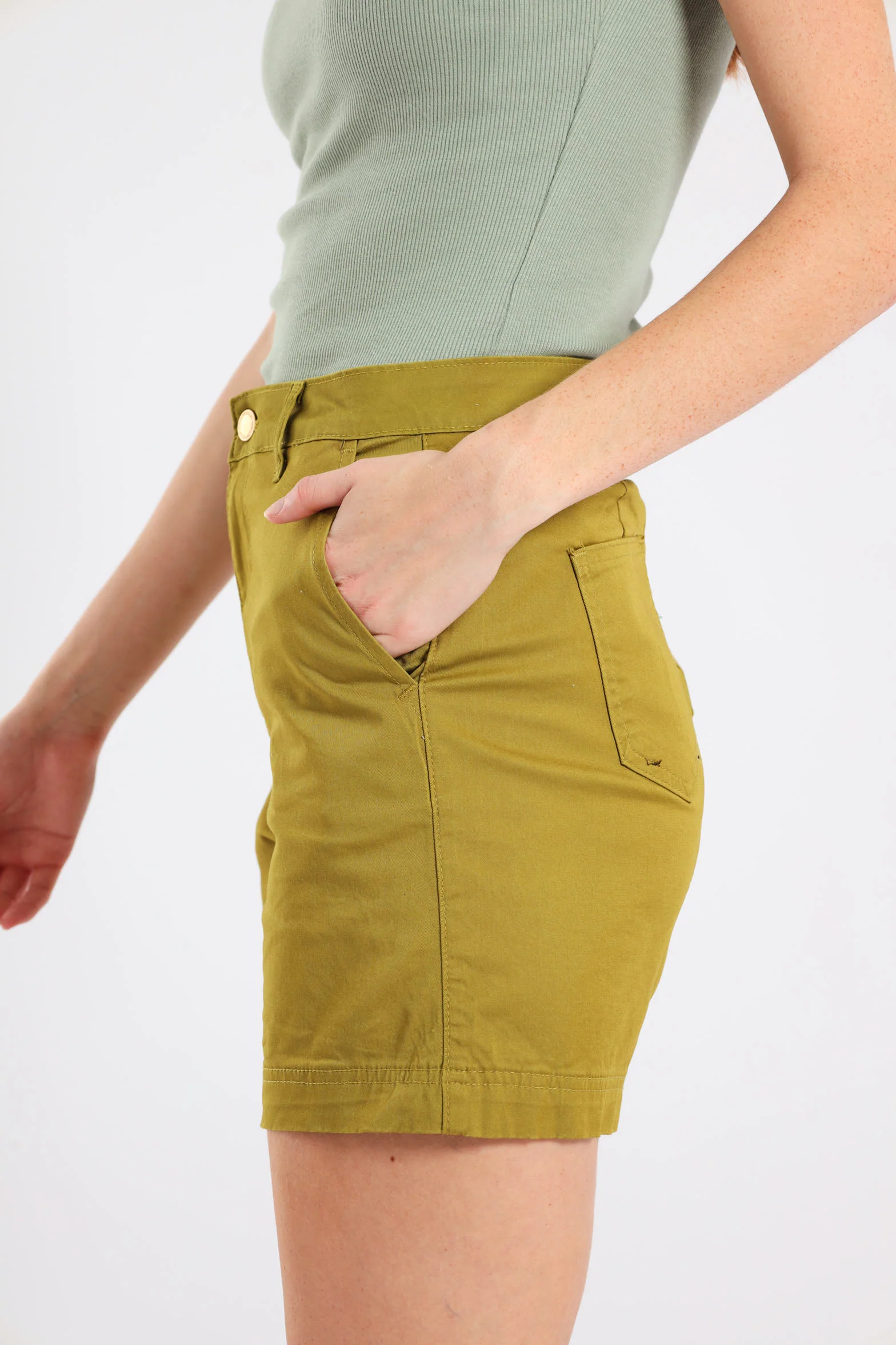 Stretch Sateen Chino Mid Thigh Shorts - Chartreuse - Image 3