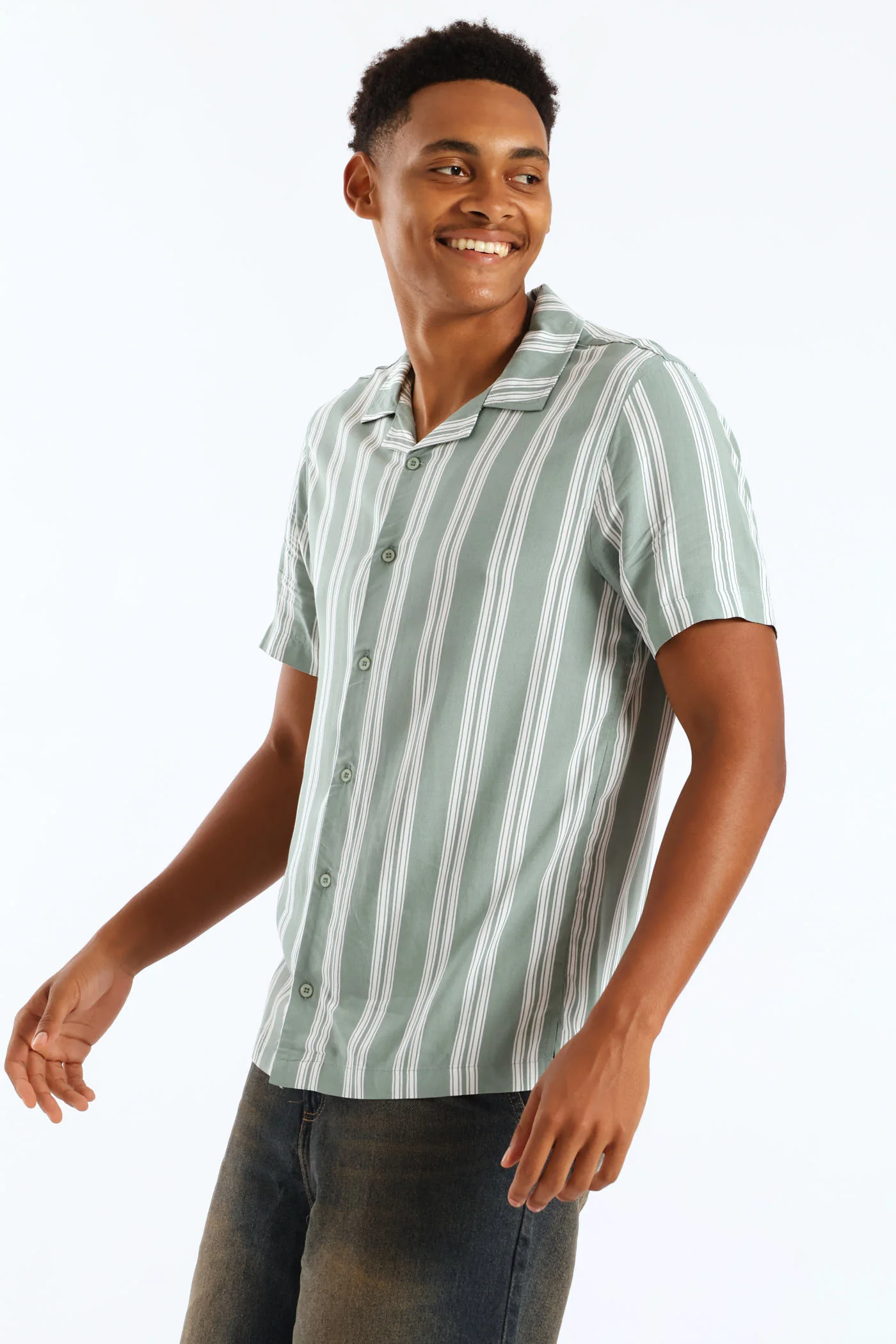 Stretch Viscose Shirt - Sage/Ecru - Image 3