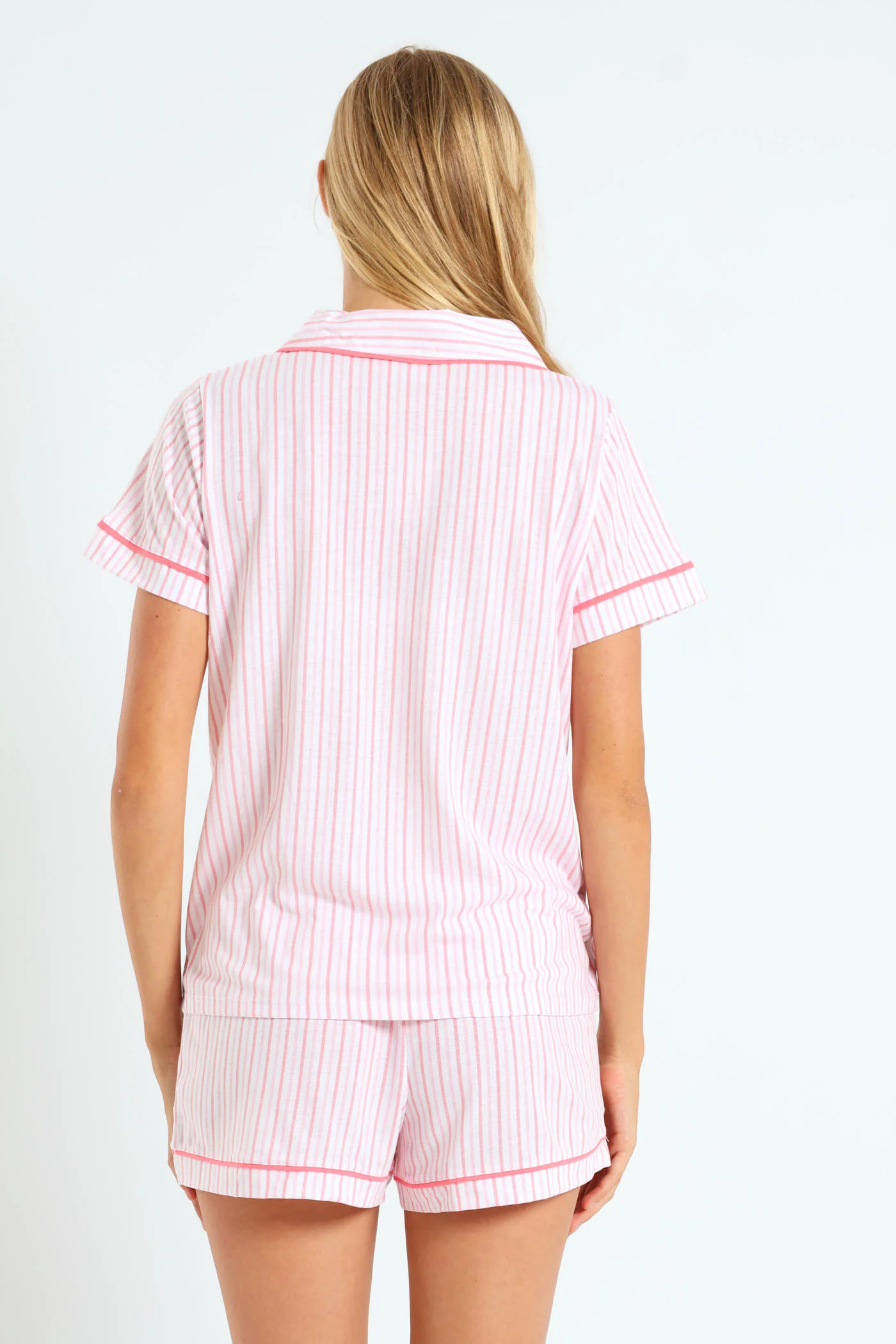 Stripe Button Through & Knit Short Set - White/Pink - Image 3