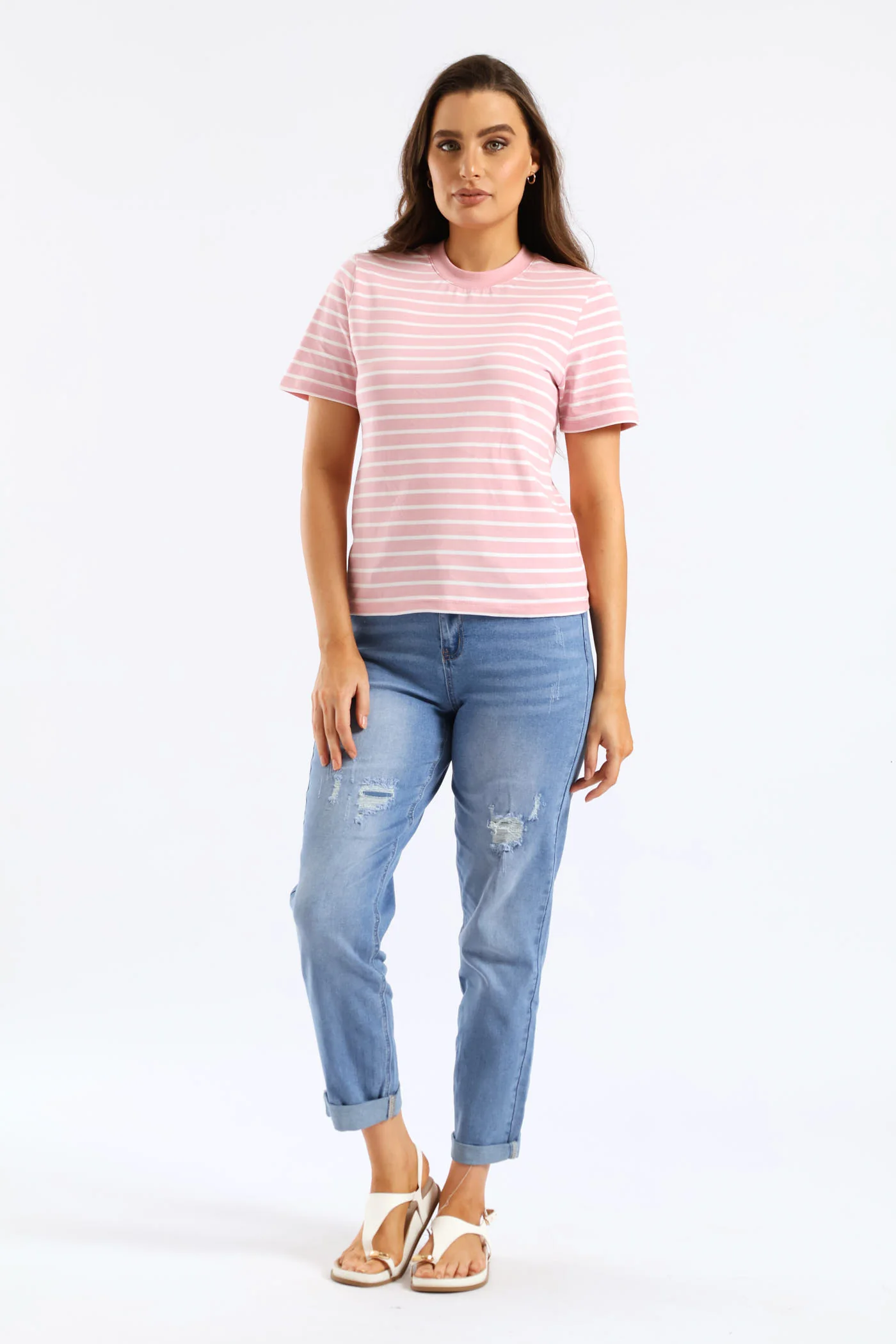 Stripe Cotton Rib Neck Boxy Tee - White/Pink - Image 4