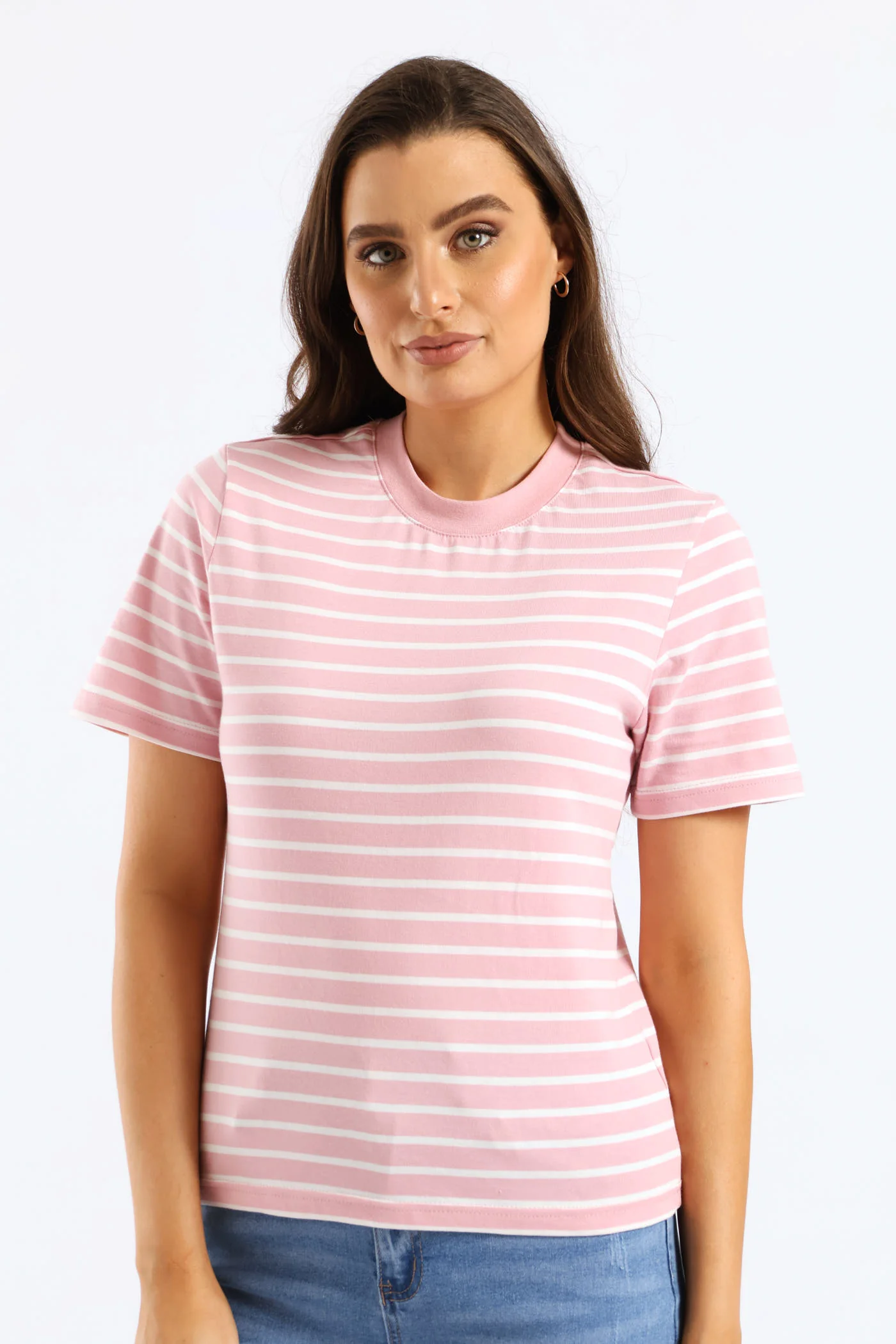 Stripe Cotton Rib Neck Boxy Tee - White/Pink - Image 5