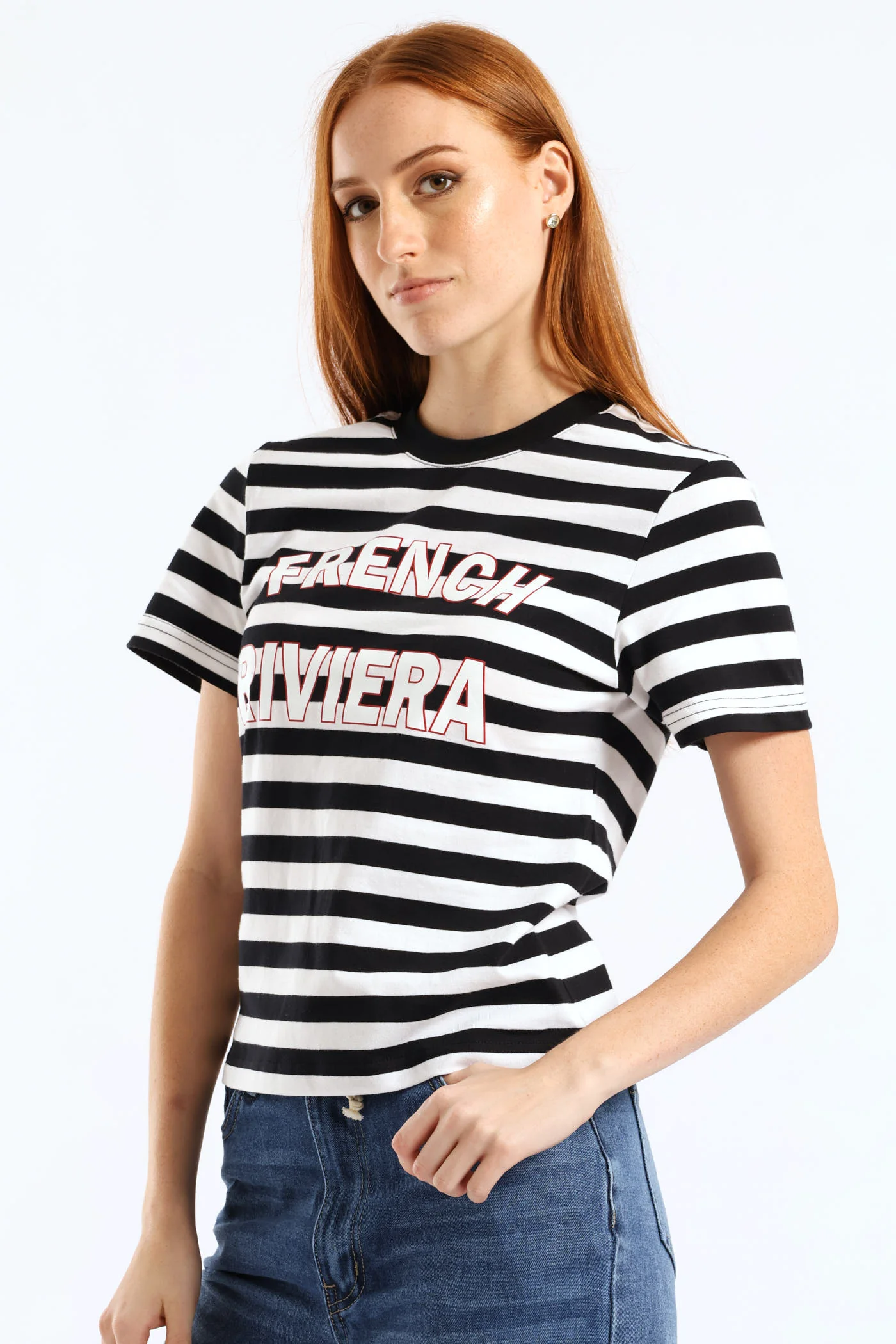 Stripe French Riviera Boxy Tee - Black/White - Image 3